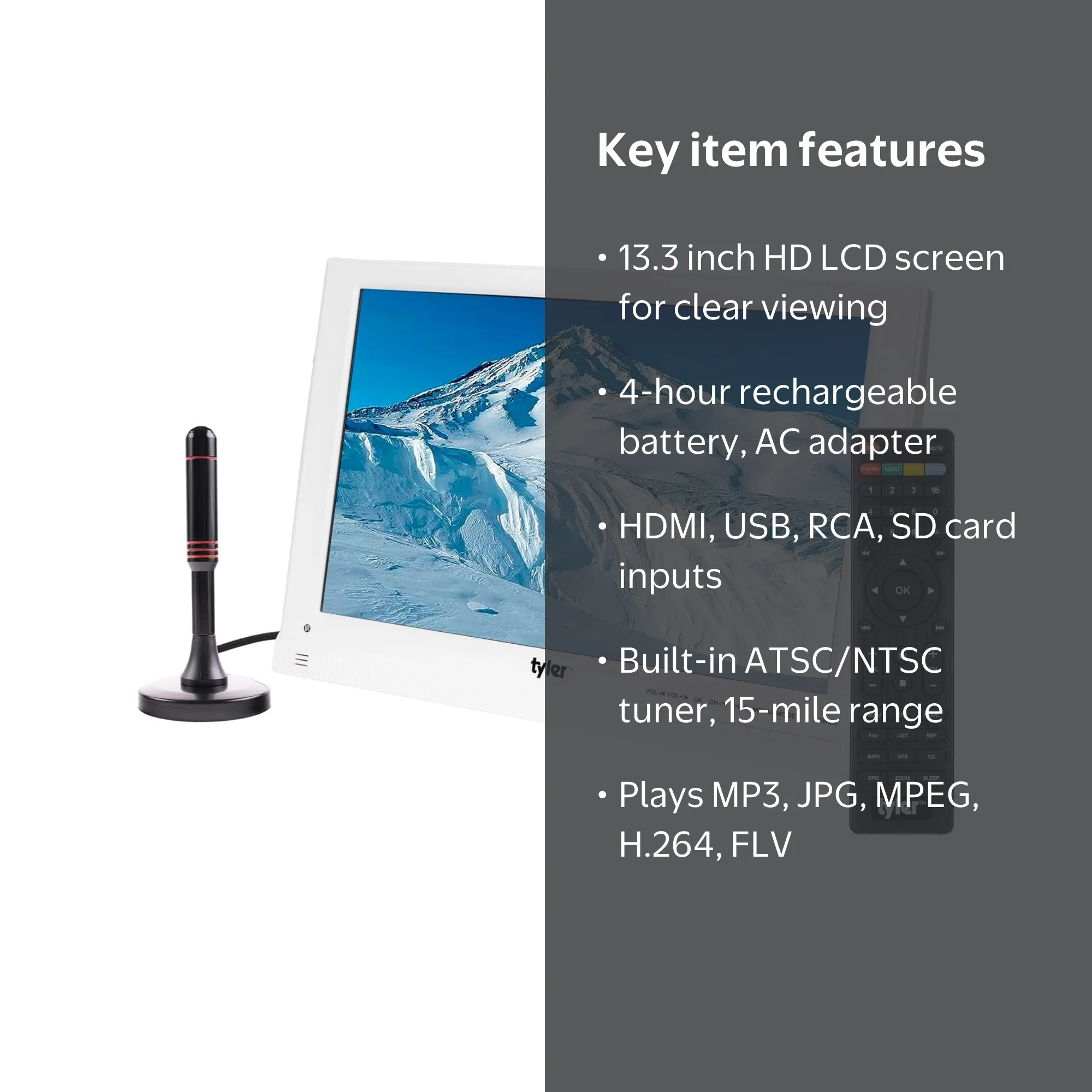 tyler, Portable Battery Powered LCD HD TV, TTV707-13, 13.3 inches