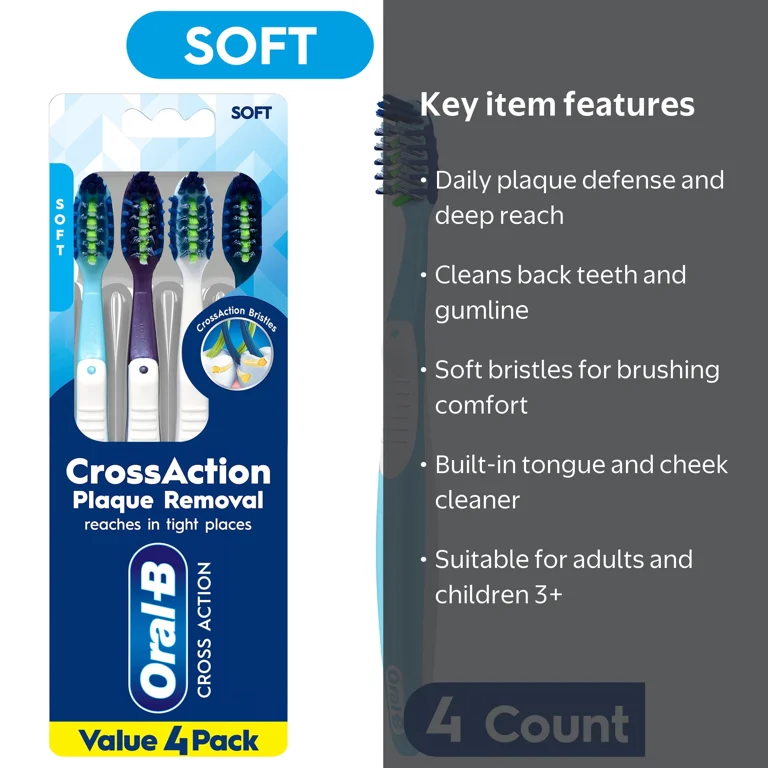 Oral‑B, Toothbrush Pack, Pro-Clean CrossAction, Soft Bristles, 4