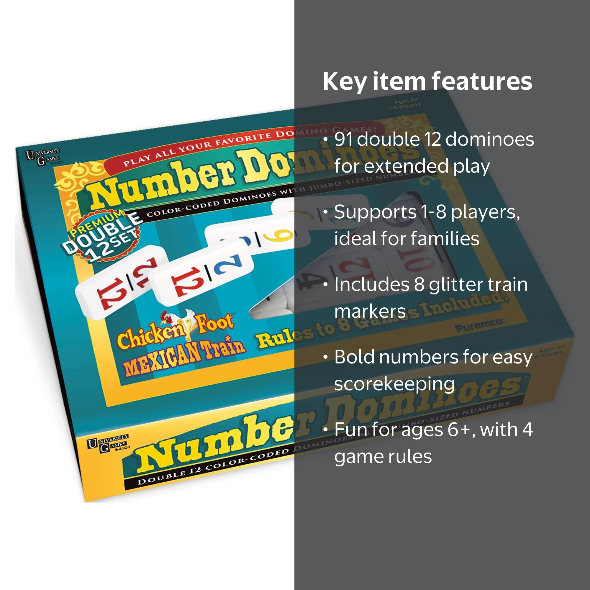 Puremco, Double 12 Numbered Dominoes, 91 pieces, Family Game Set
