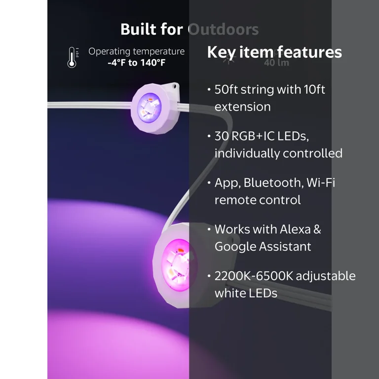 Lepro E1 AI Outdoor Lights 50FT RGB+IC WiFi Waterproof, APP