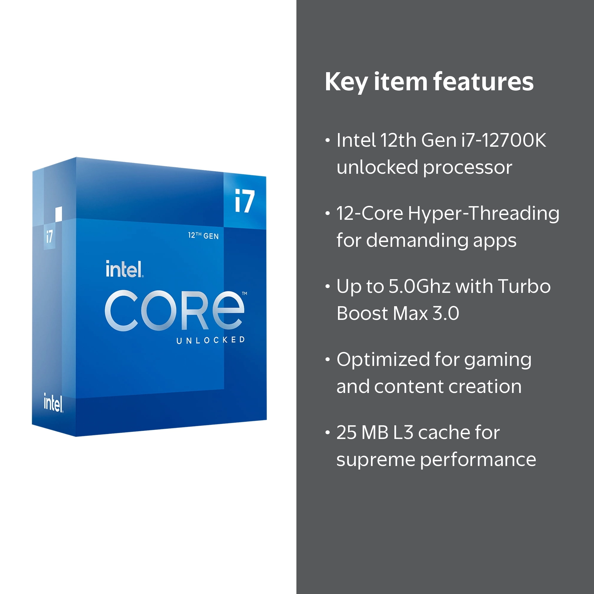 Intel, Core i7-12700K Processor, 12-Core, 5.0Ghz, Unlocked