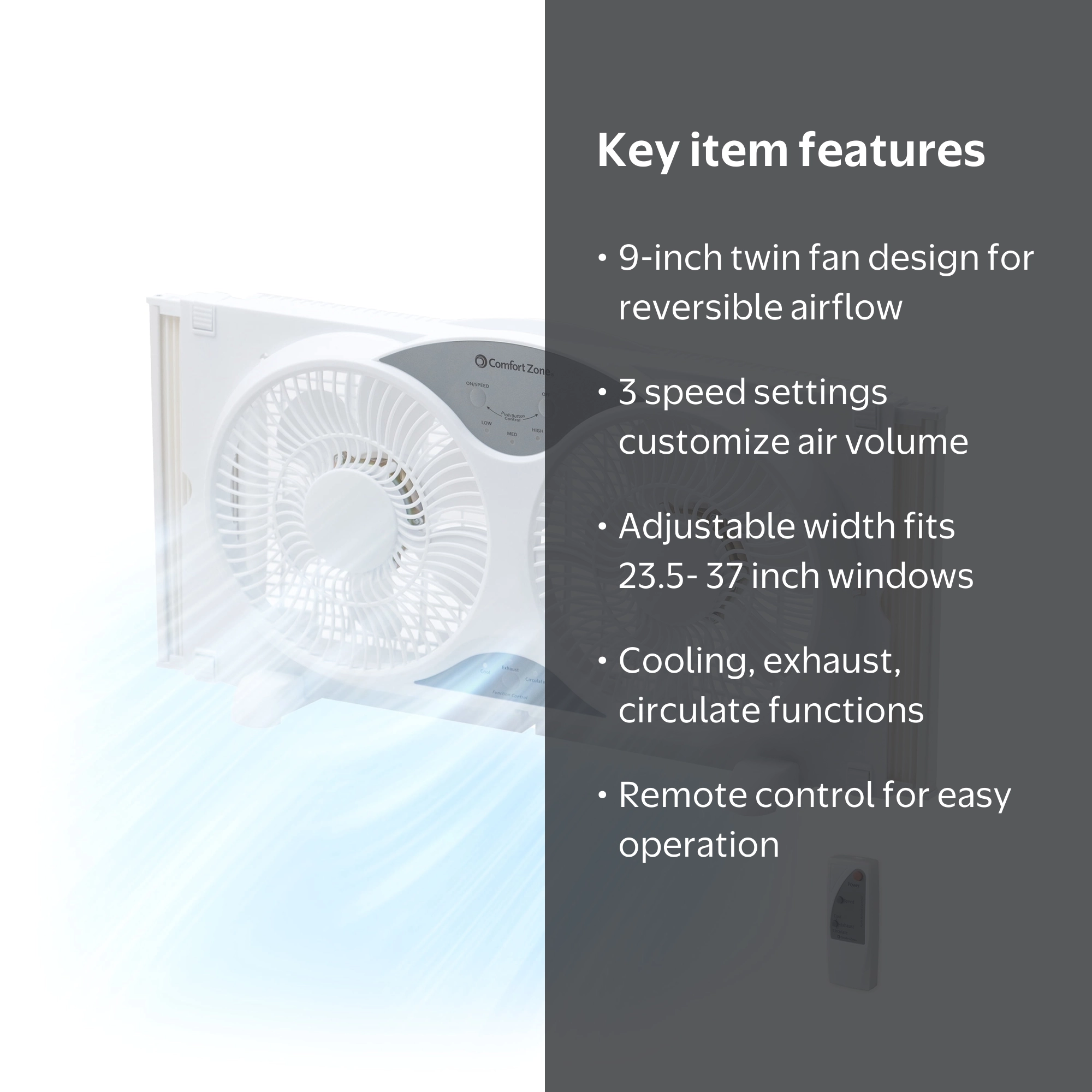 Comfort Zone, Window Fan, 9 inch, Reversible Twin with Remote