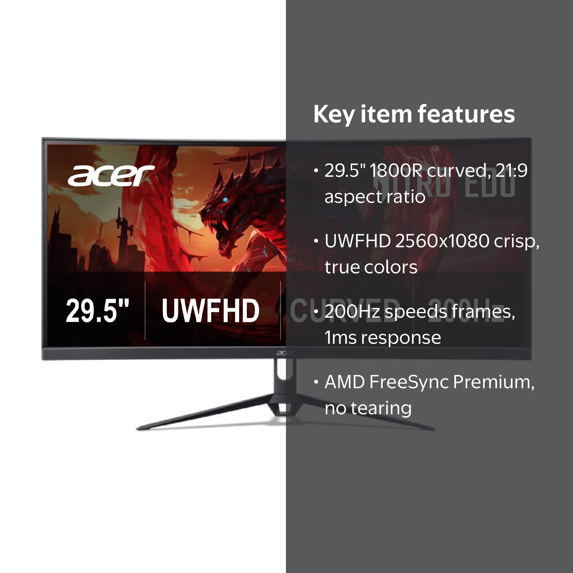 Acer, Curved Gaming Monitor, 29.5‚Äù UWFHD, 200Hz 1800R, Black 