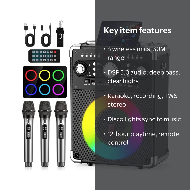 JYX Karaoke Machine S8-T, Bluetooth Speaker with 3 Wireless