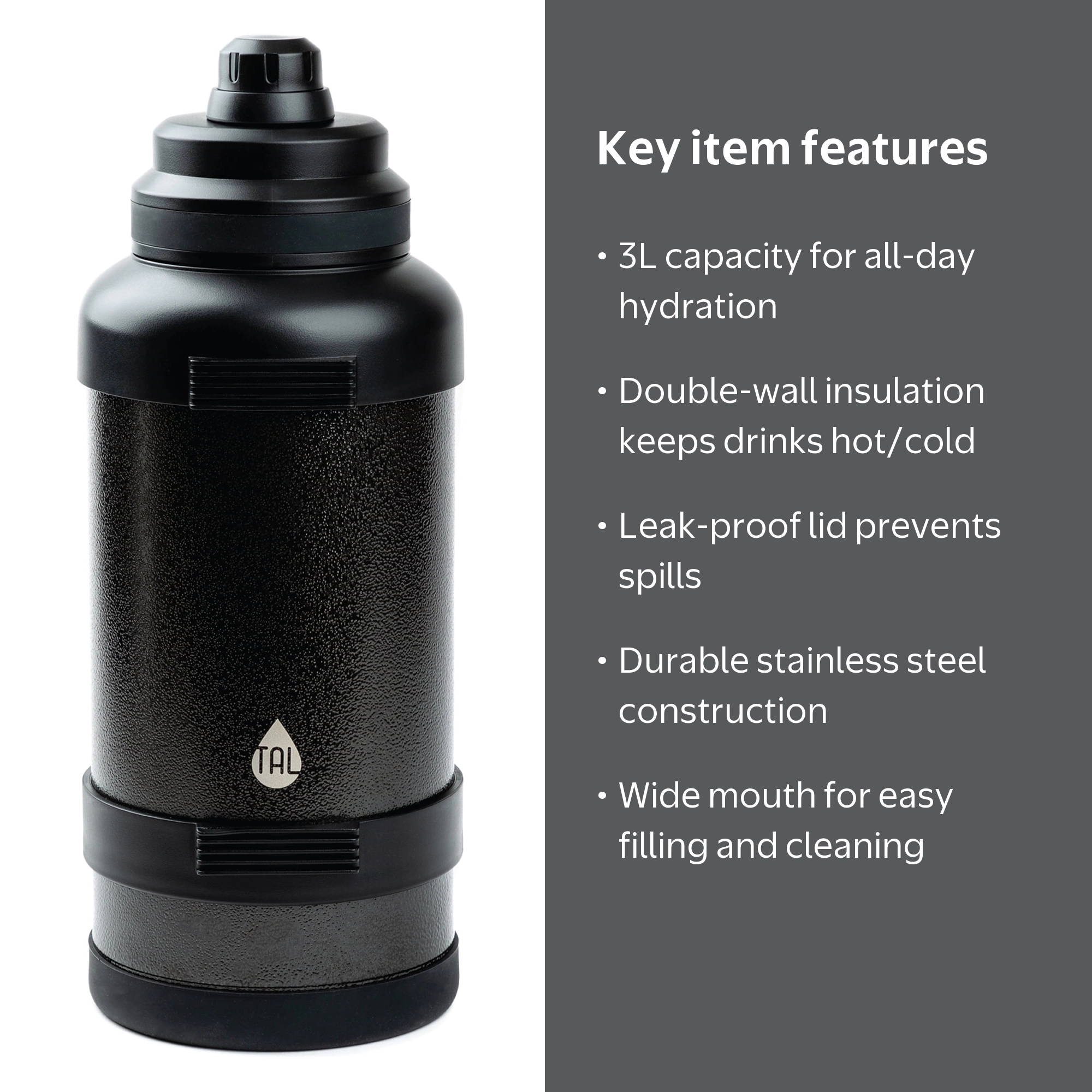 TAL 3 Liter Stainless Steel Zeus Black Water Bottle with Leak