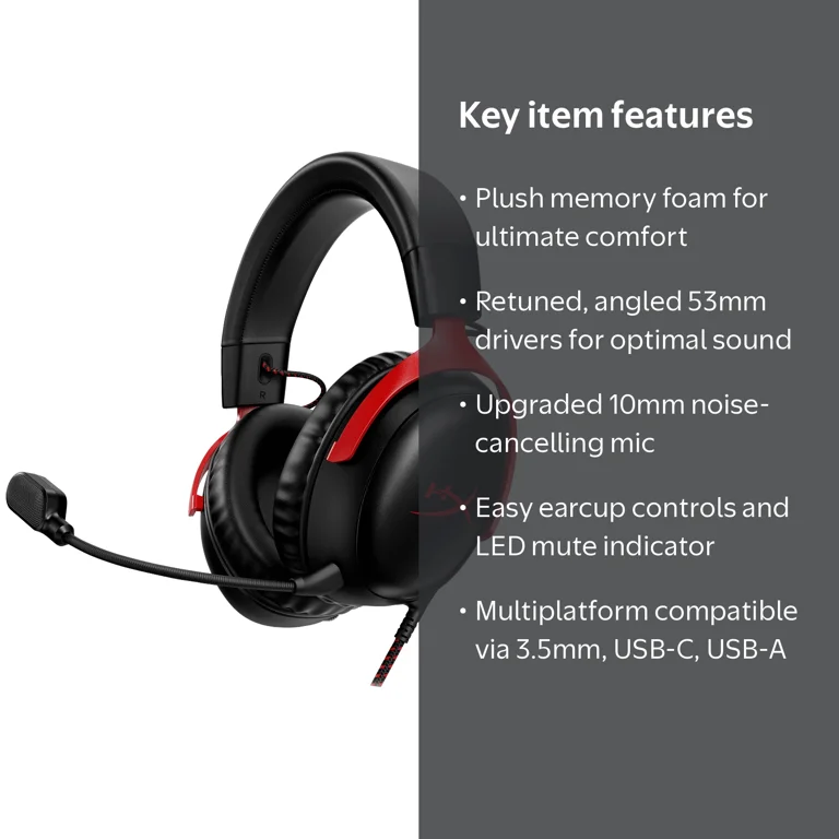 HyperX Cloud III Wired Gaming Headset - Black/Red, DTS Audio