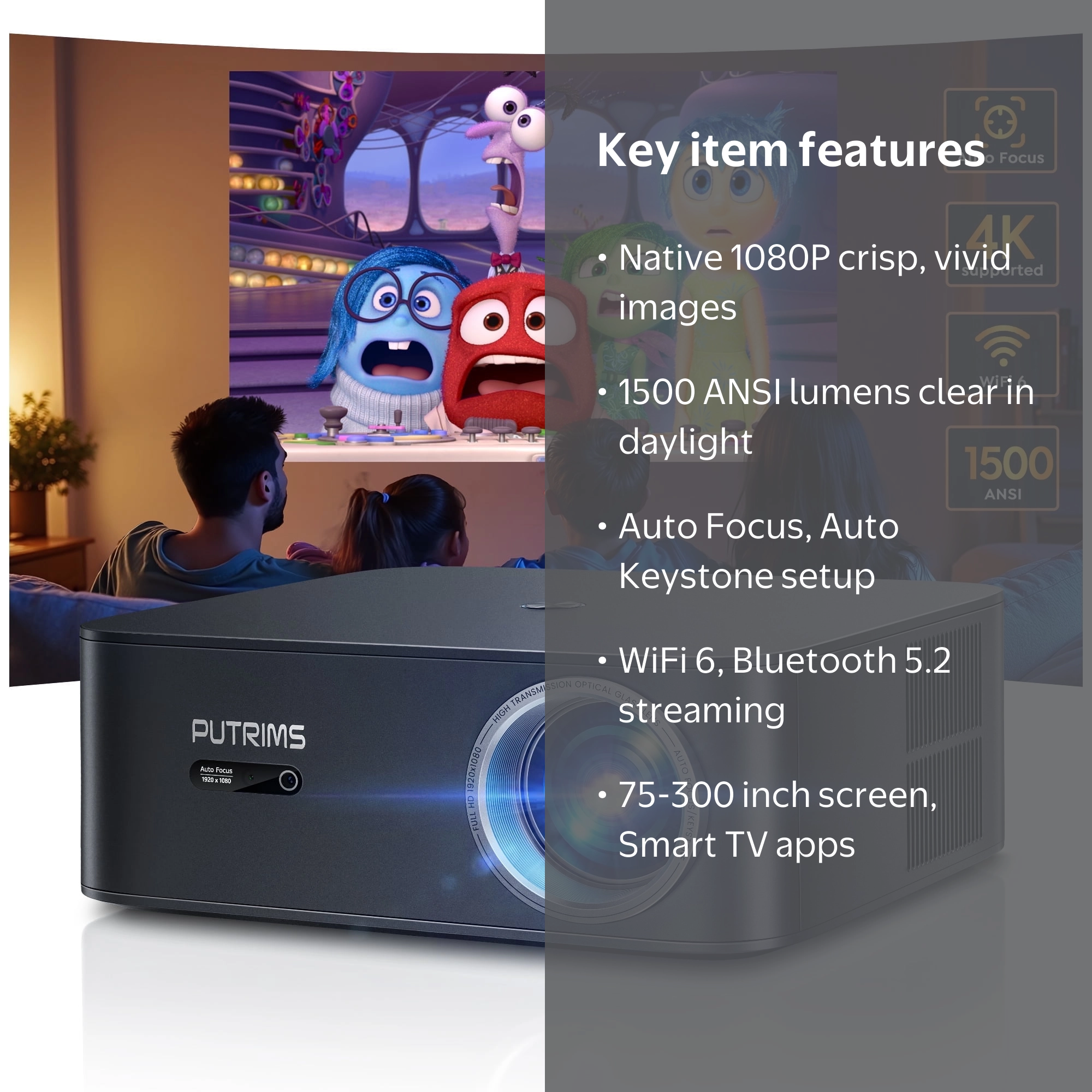 PUTRIMS Google TV Projector, 1080P Full HD, 1000 ANSI, WiFi 6