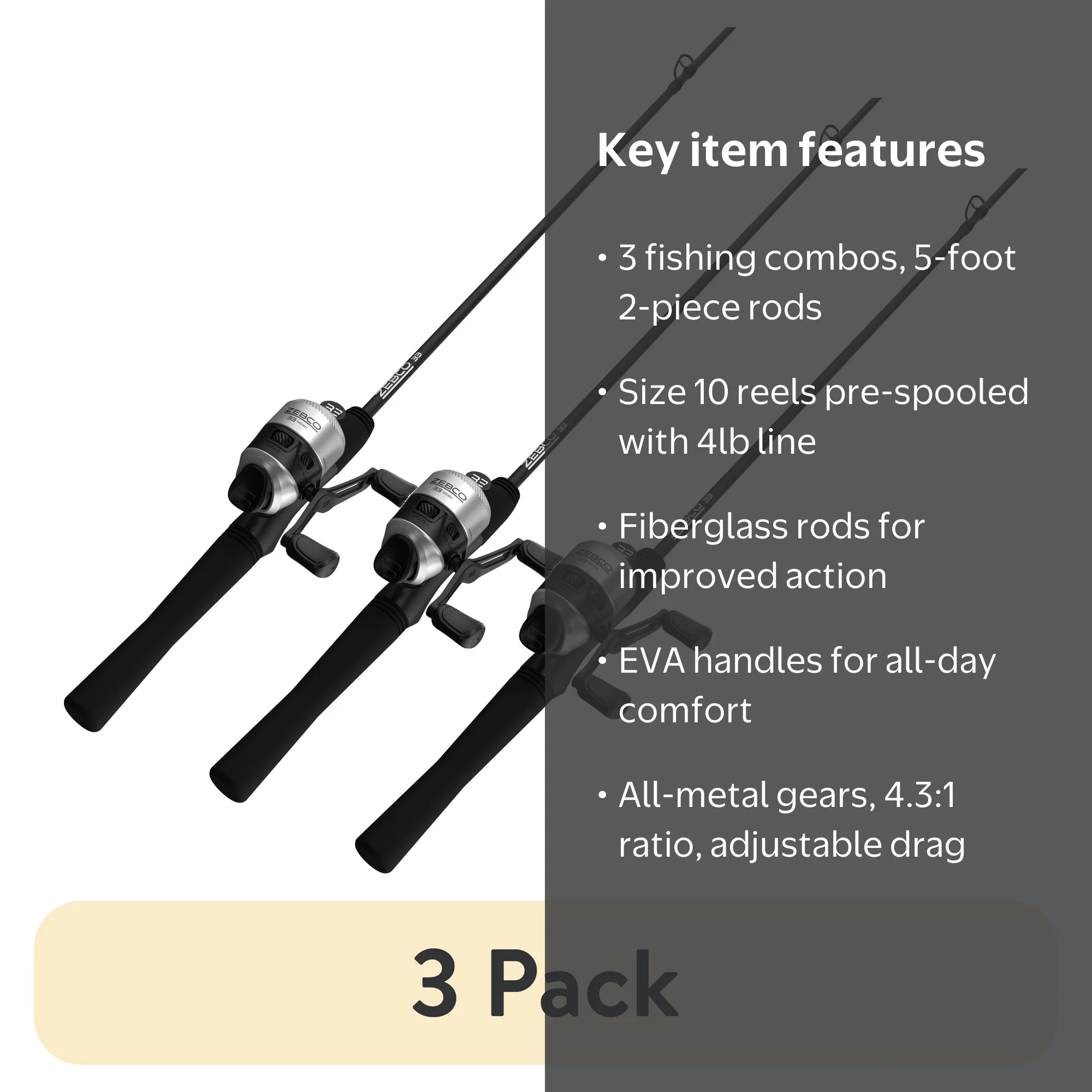 3 pack) Zebco 33 Micro Spincast Reel and Fishing Rod Combo, 5-Foot