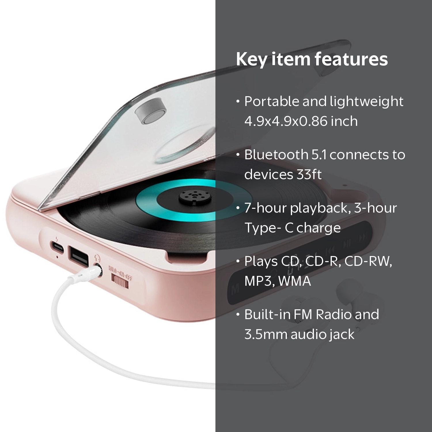 Prociv Portable Bluetooth CD Player, Rechargeable, Anti-Skip