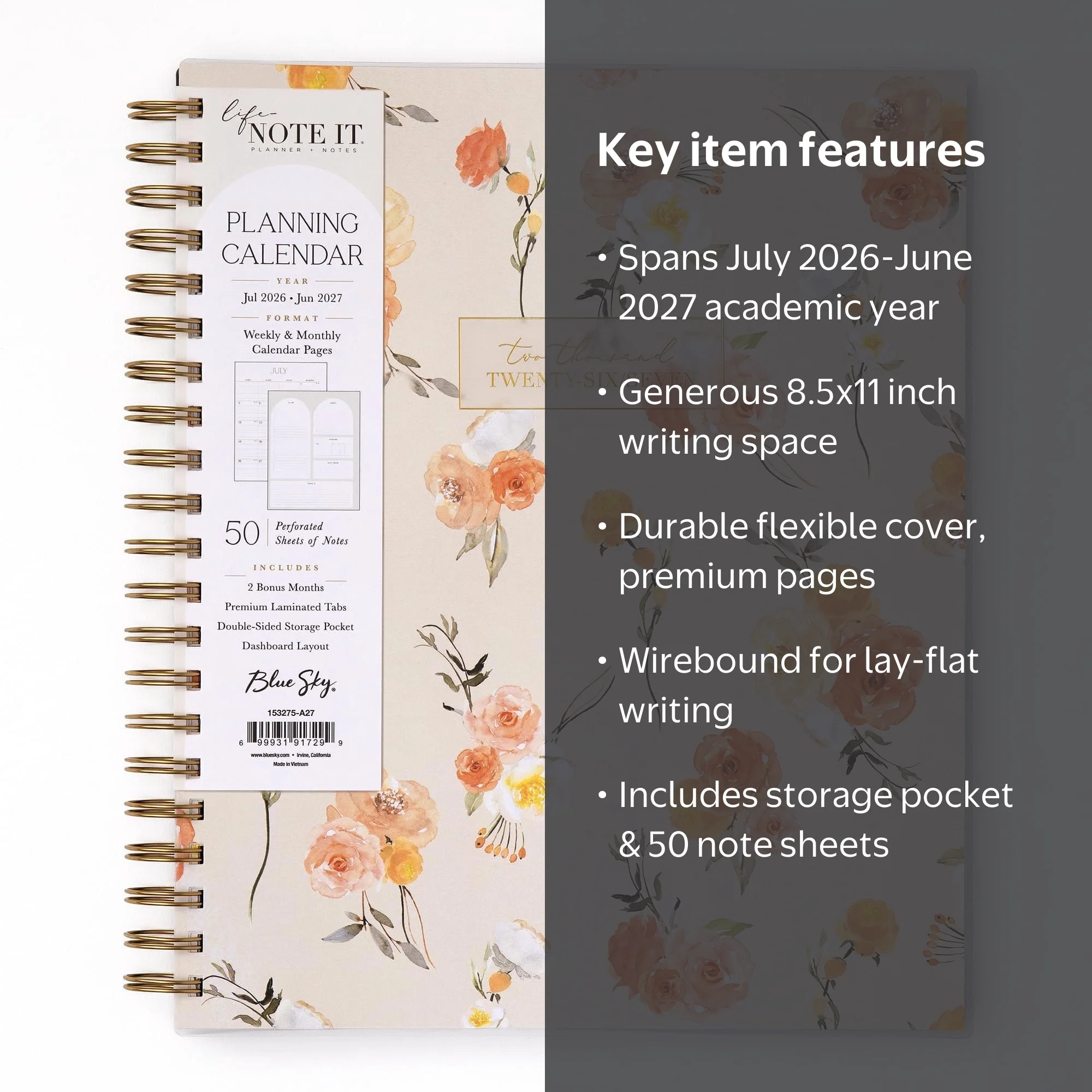 Blue Sky Life Note It Planner 2026-2027, 8.5x11, Flexible Cover
