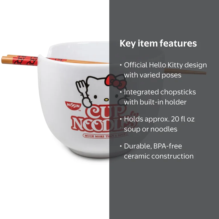 Hello Kitty, Ramen Bowl Set, 20 oz Ceramic with Chopsticks, White