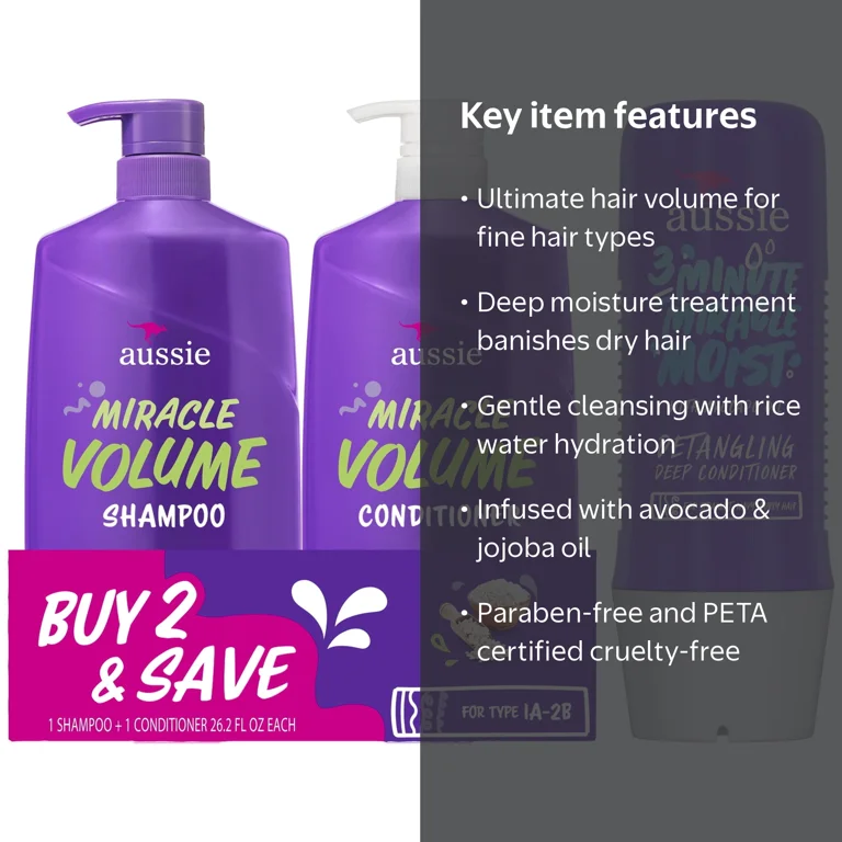 Aussie Miracle Volume Hair Care Bundle: Shampoo, Conditioner, and