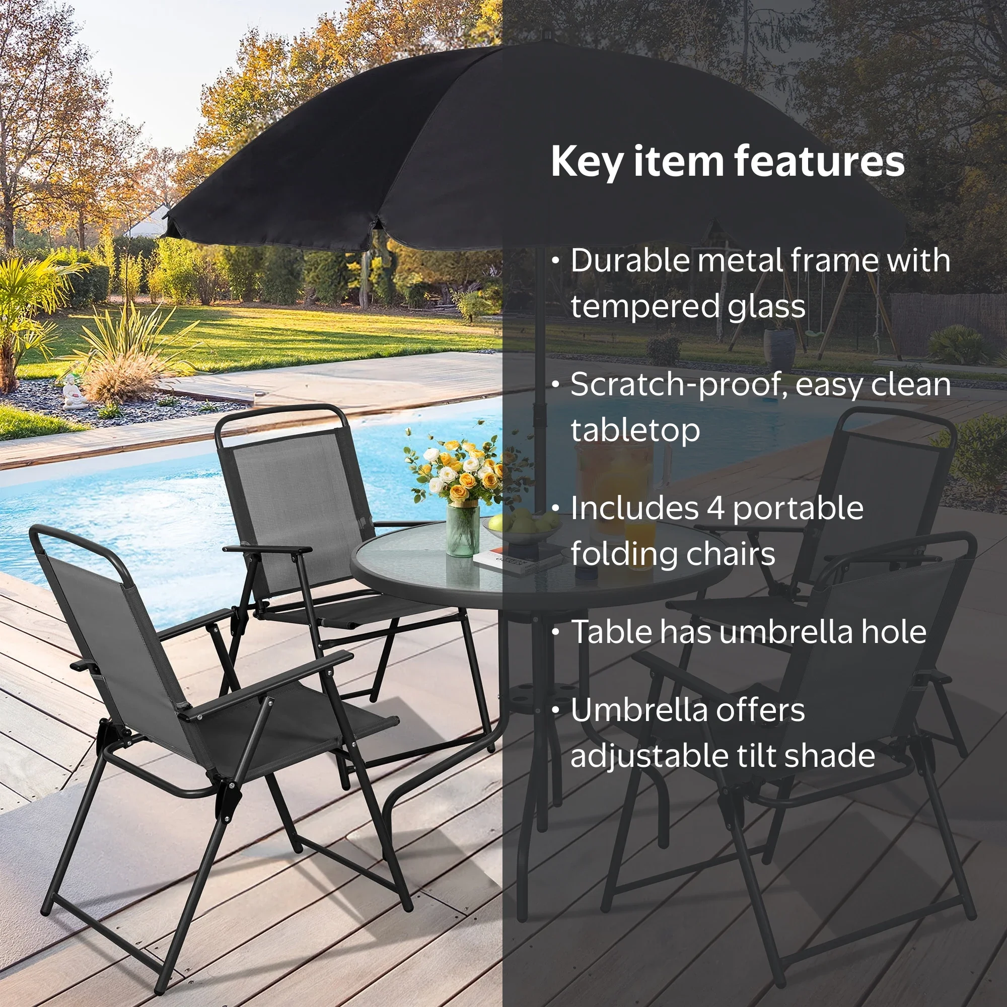 6-piece patio set with umbrella Outsunny 6-Seater Outdoor Dining Loveseat, Hole & Cushioned Seating, Dark Gray suitable for outdoor use Shintenchi 6 Piece Patio Dining