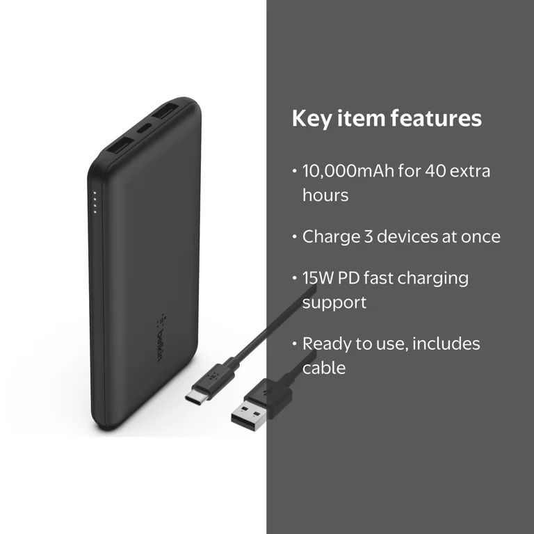 Belkin, USB-C Portable Charger, 10K Power Bank, 3 Ports Fast
