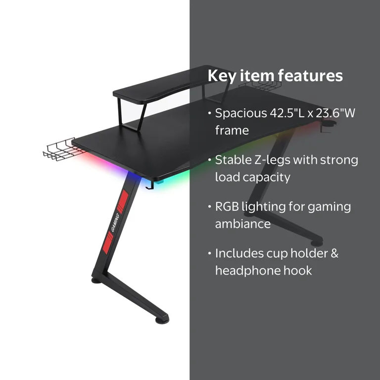 GTRACING Ergonomic Curved 3-Sided LED Z-Leg Gaming Desk, Black