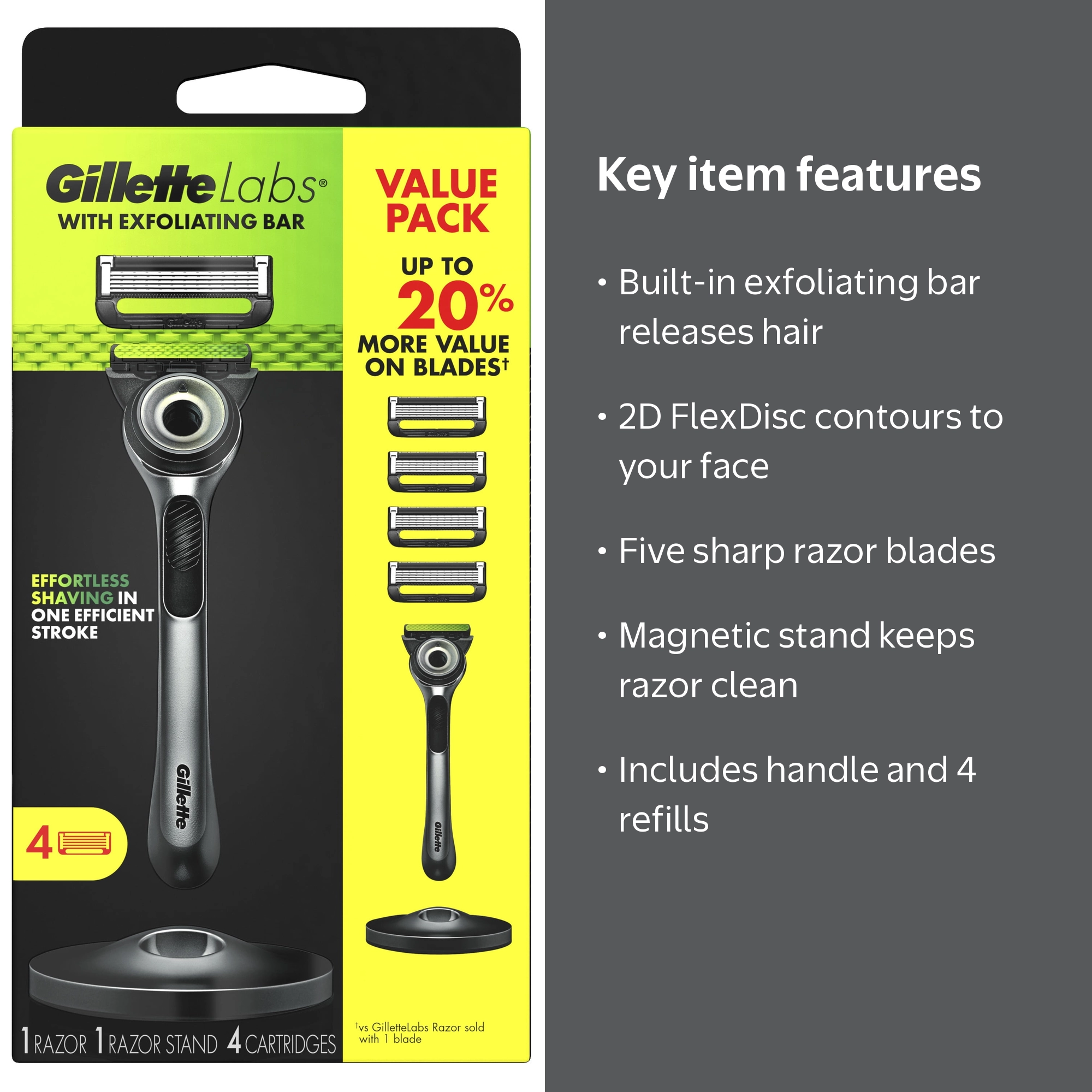 Gillette ジレット ラボ 4個入 2個 8個入 1個 12個入 1個 Gillette, Razor for Men, Exfoliating Bar, Handle & 4 Blade Refills