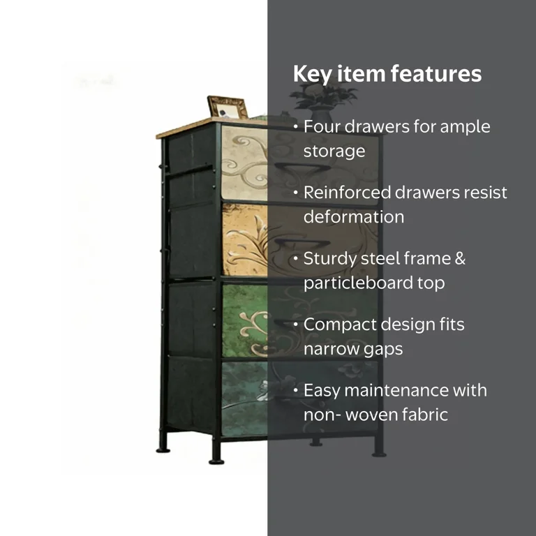 edx Fabric Dresser with 4 Drawers, Retro Flower Design, Chest of