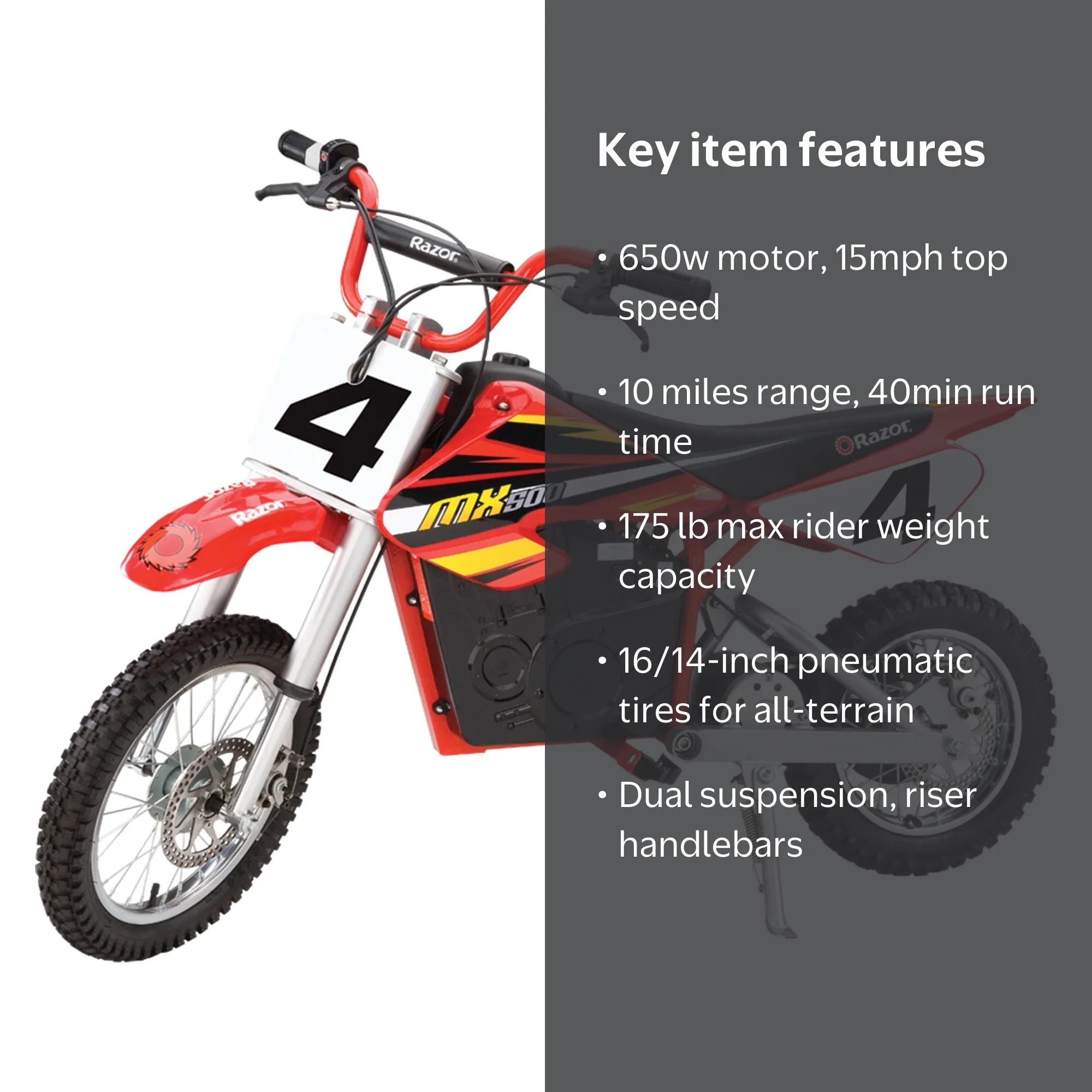 Razor MX500 BIG TEEN Electric-Powered Dirt Bike, 15 MPH Supercross