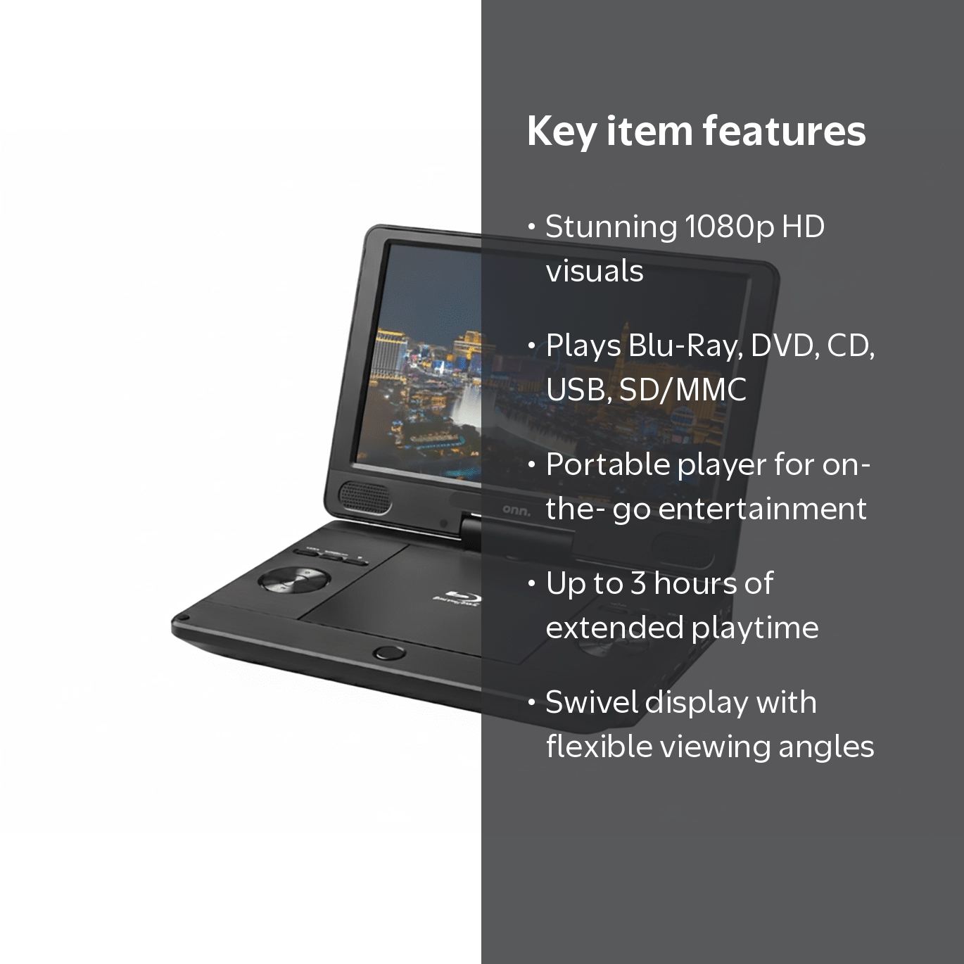 Onn. Portable Blu-Ray Disc/DVD Player with 1080p HD Resolution