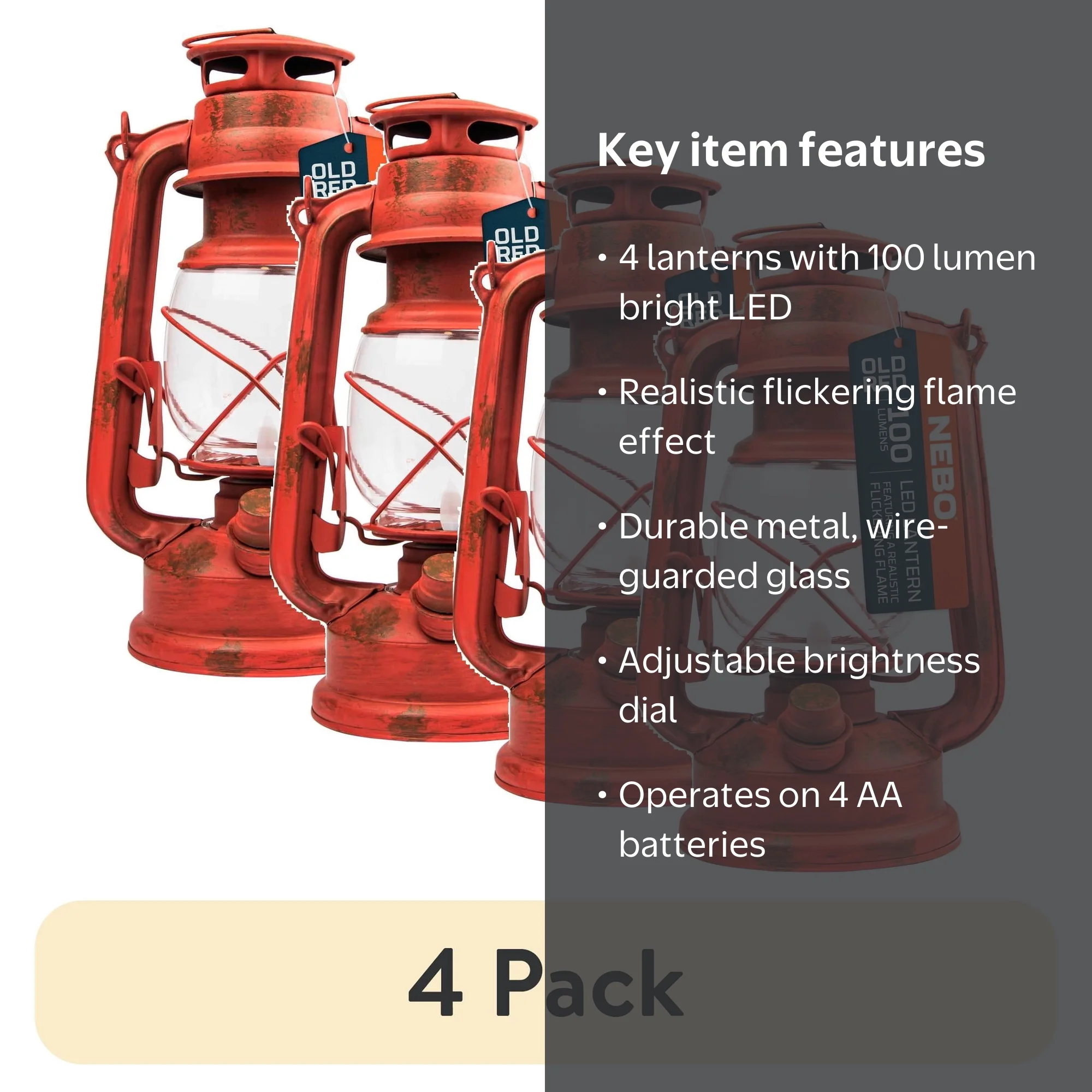 4 pack) NEBO Retro 100 Lumen LED Red Metal Lantern, Battery