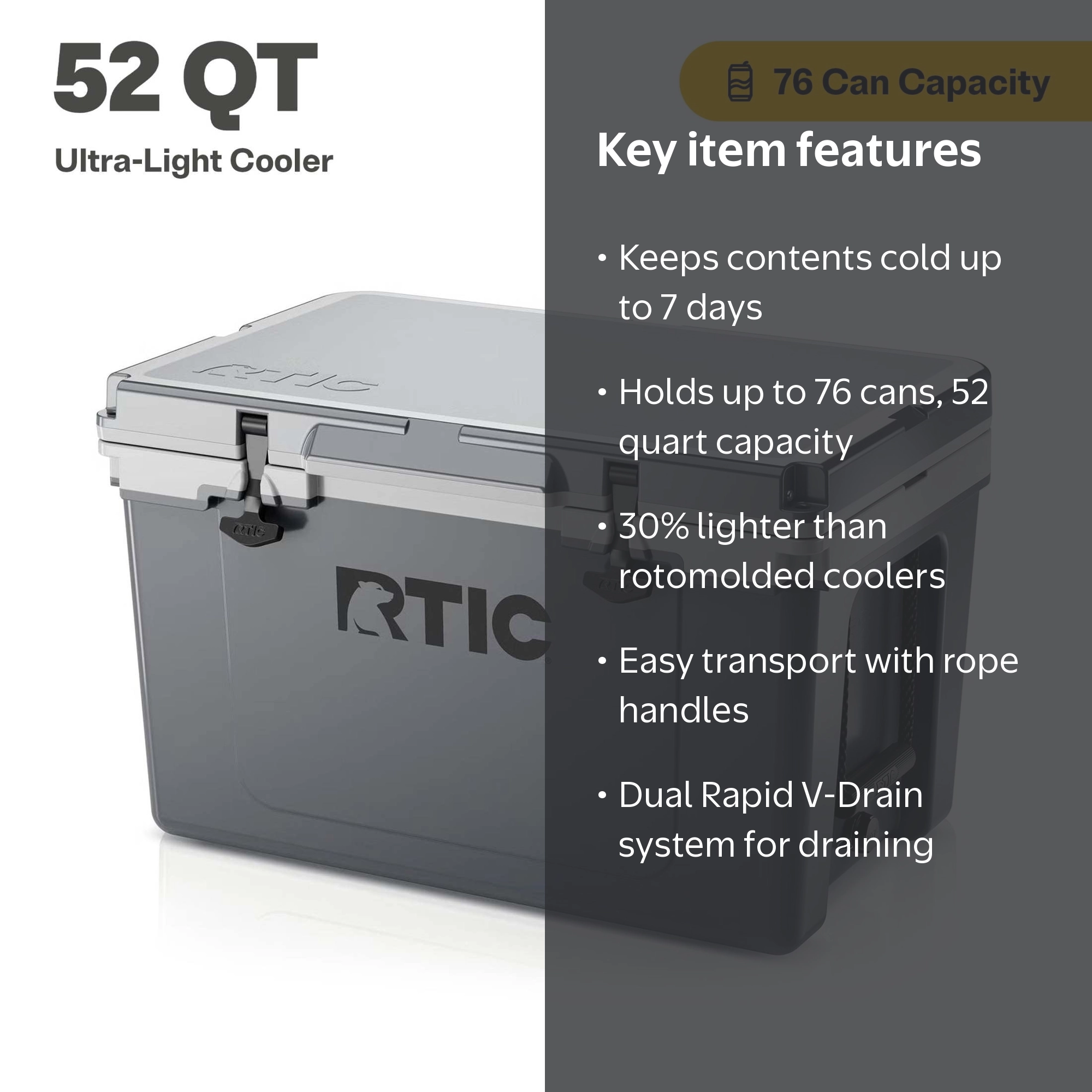 RTIC, Hard-Sided Ice Chest Cooler, 52 Qt, Fits 76 Cans, Grey
