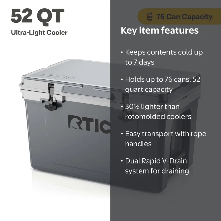RTIC, Hard-Sided Ice Chest Cooler, 52 Qt, Fits 76 Cans, Grey
