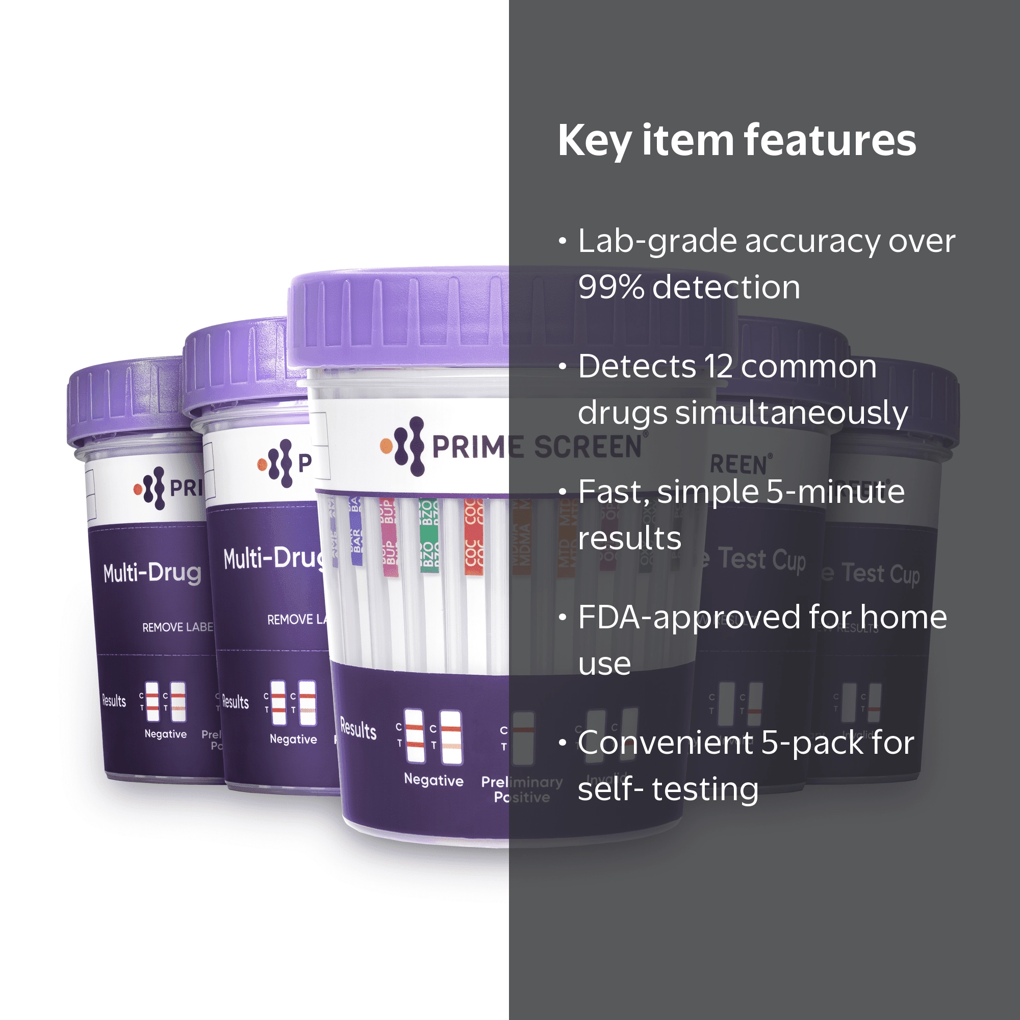 Prime Screen, Urine Drug Testing Cup, 12-Panel, Home Use 5 Pack