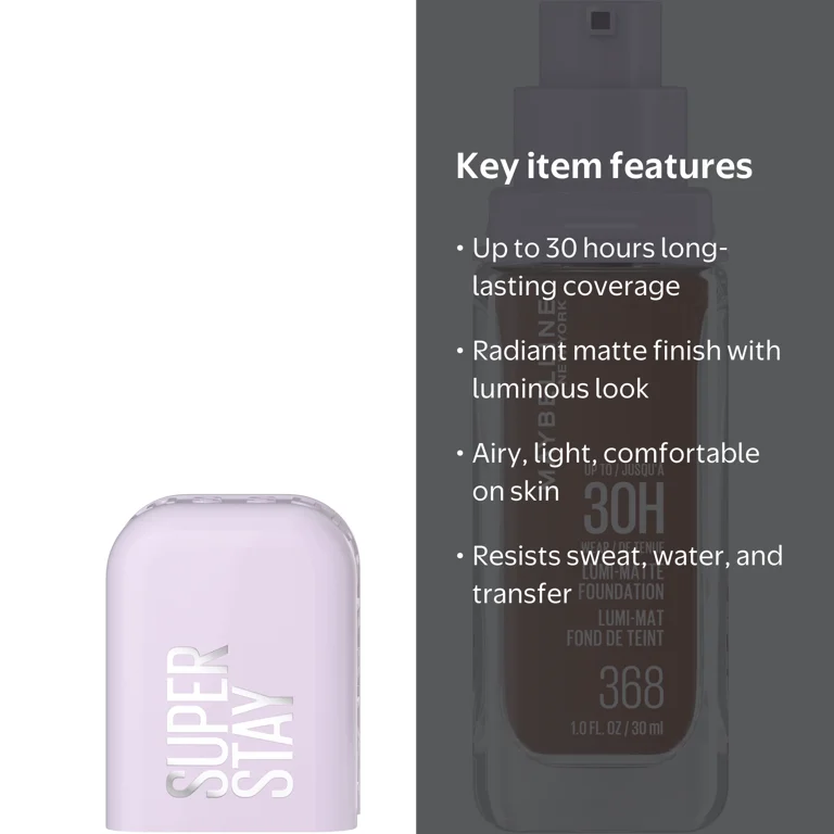Maybelline Super Stay Lumi-Matte Foundation Makeup, 368, 1 fl oz