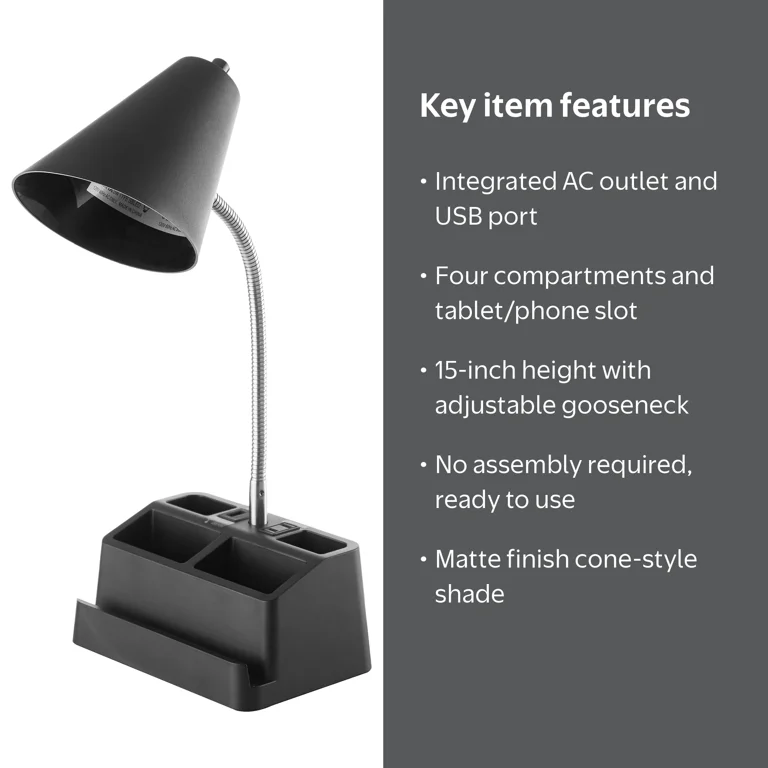 Mainstays LED Adjustable Gooseneck Desk Lamp, Black, 15