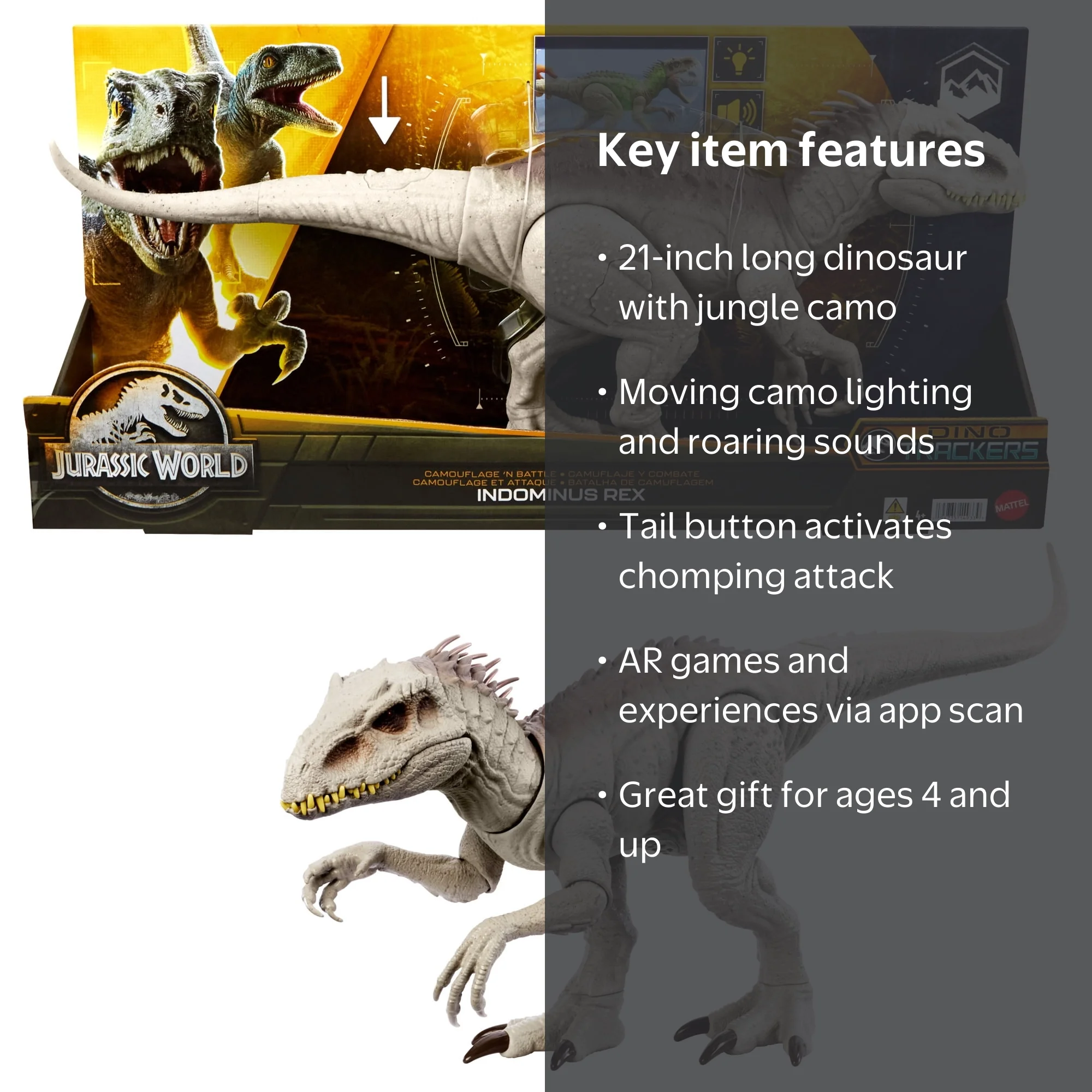 Mattel Jurassic World Figurine Indominus Rex 53 Cm - Lumière, Sons, Mâchoire Qui Claque - Camouflage Jungle - Réalité Augmentée - Dès 4 Ans