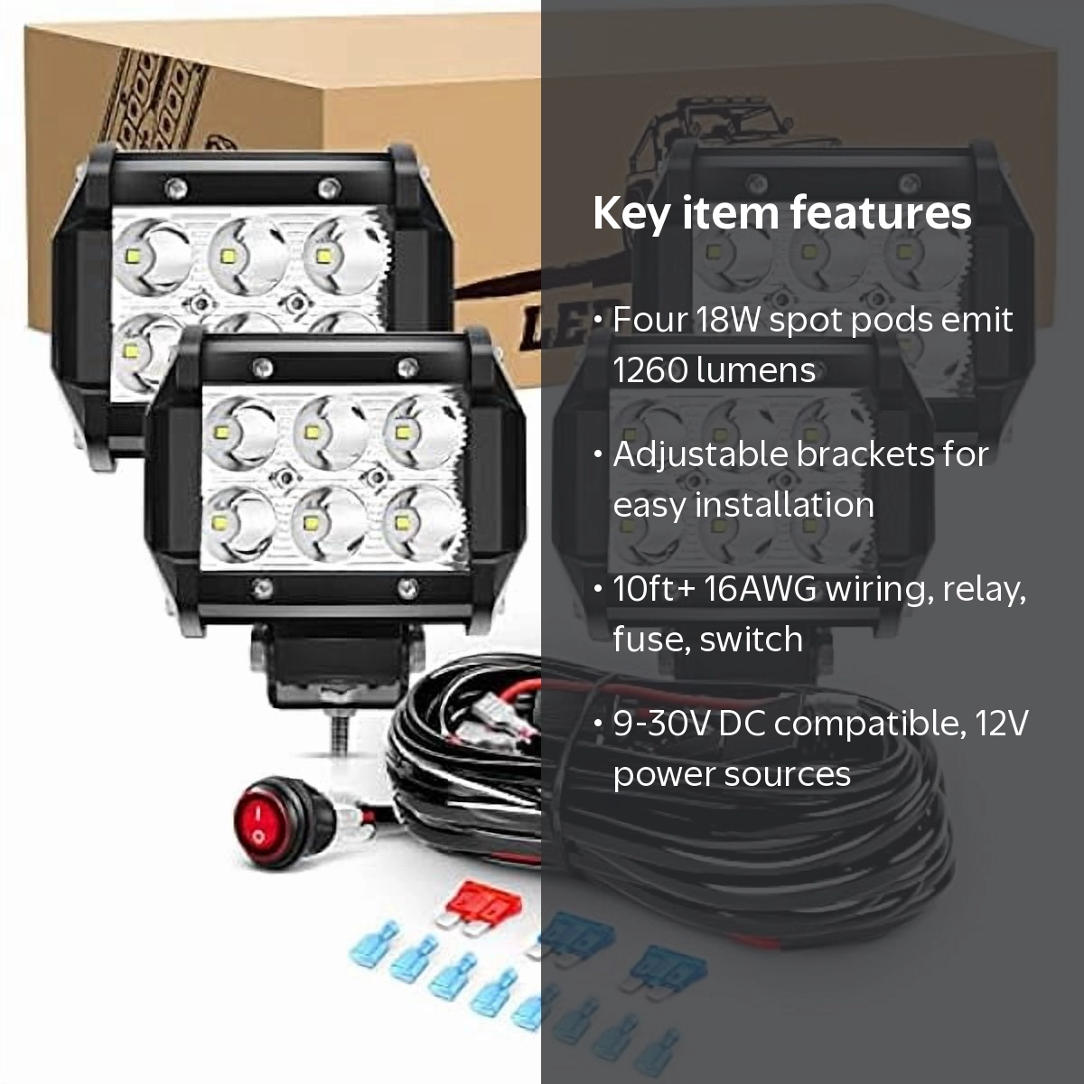 pod fog lights Waywe 4PCS 18W LED Pods Spot Light Bar Light Driving Lighting with 16AWG Off Road Wiring Harness-4 Leads for Truck Golf Cart SUV ATV UTV Boat E-CIGARETTE modern touch to your Flavor:Bubble Dream | BBG Mint🥶 Sunshine Cherry Flum Mello