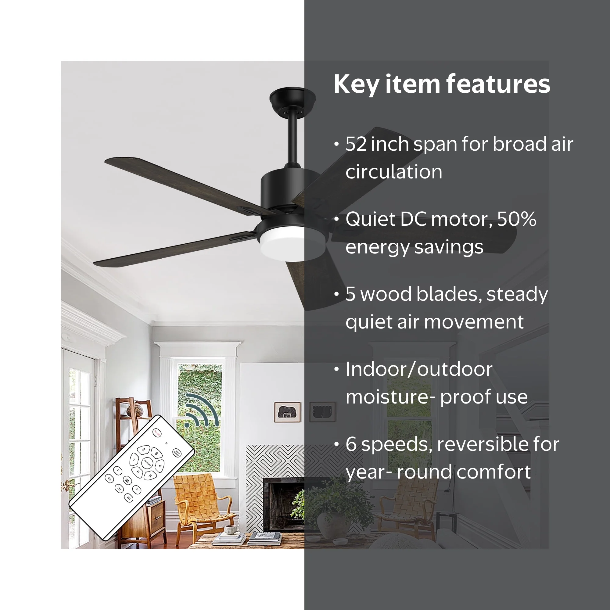 LANHAI Ceiling Fan with Light and Remote Control, 52'' 6-Speed