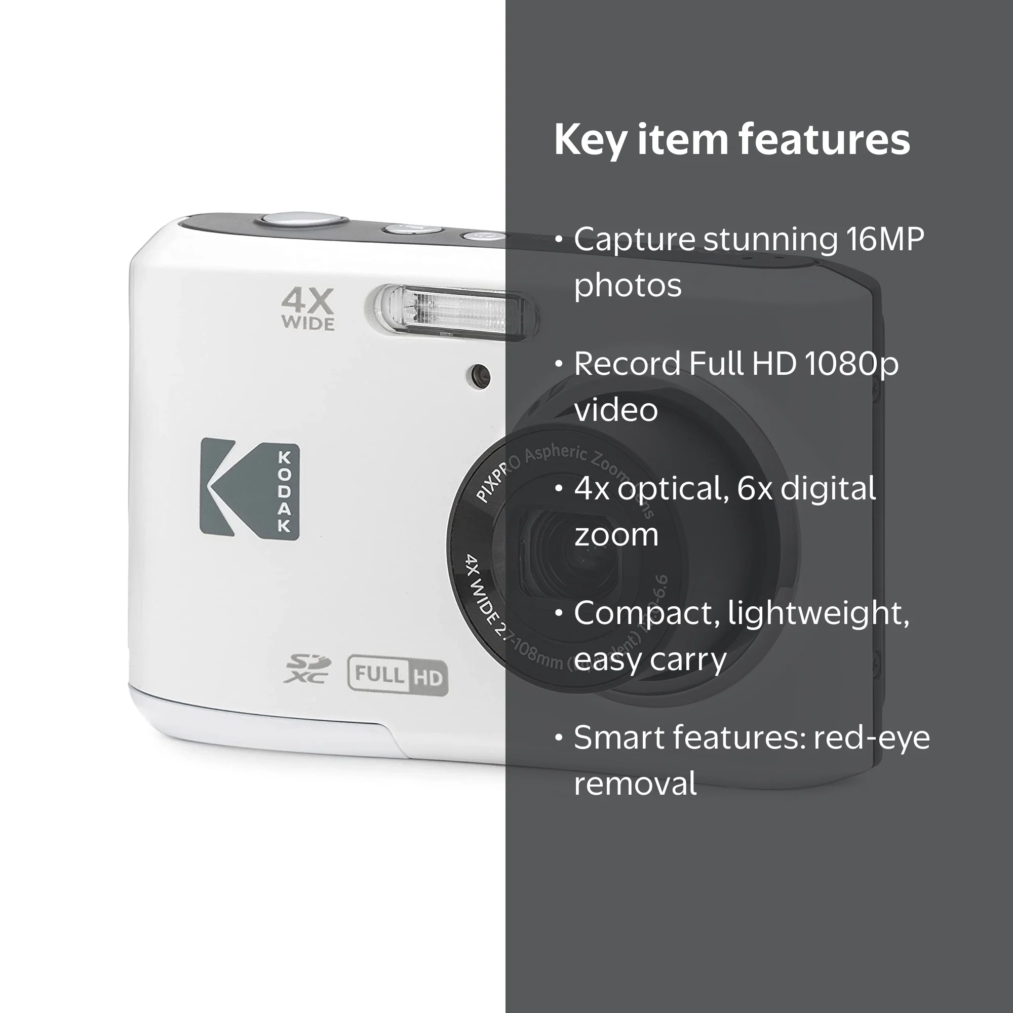 KODAK PIXPRO FZ45 Friendly Zoom Digital Camera - White, 16MP
