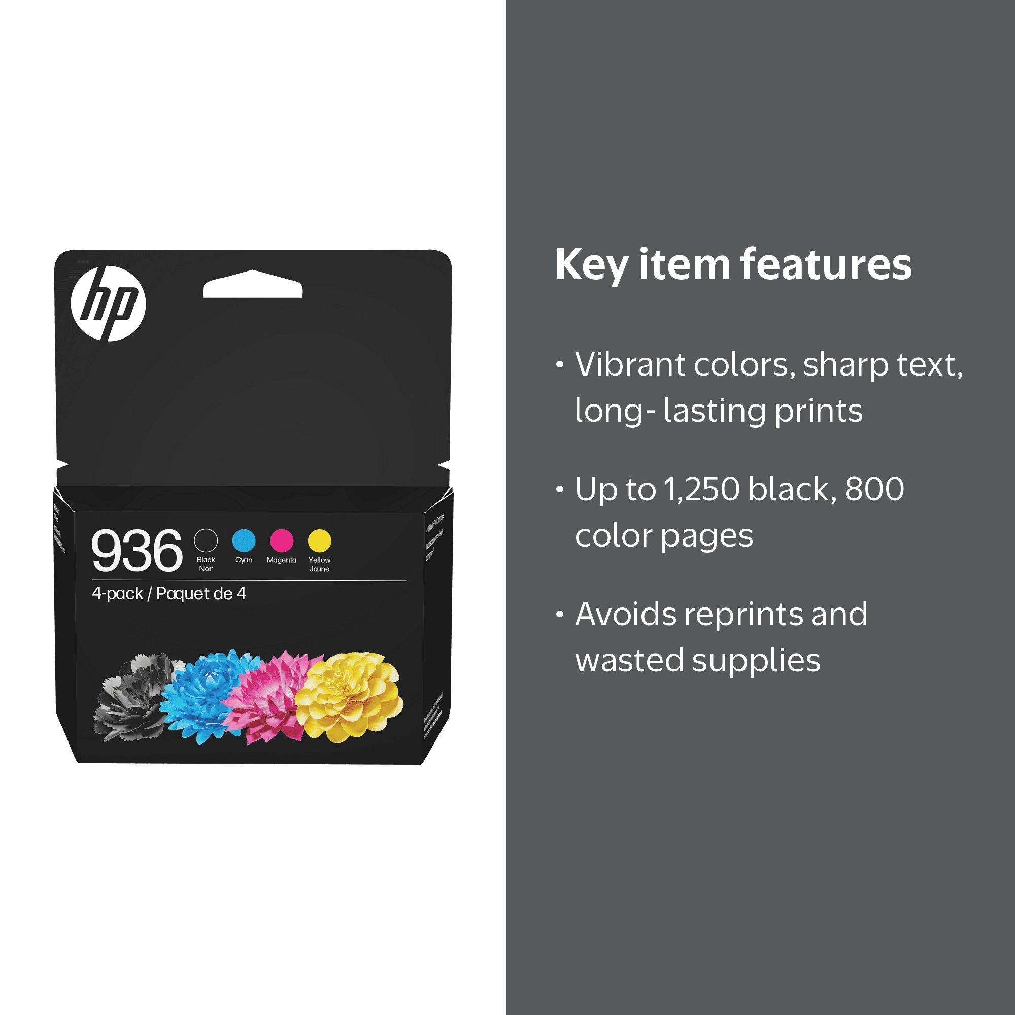 HP 936 CMYK Original Ink Cartridge 4-Pack, 1,250 pages, color ink