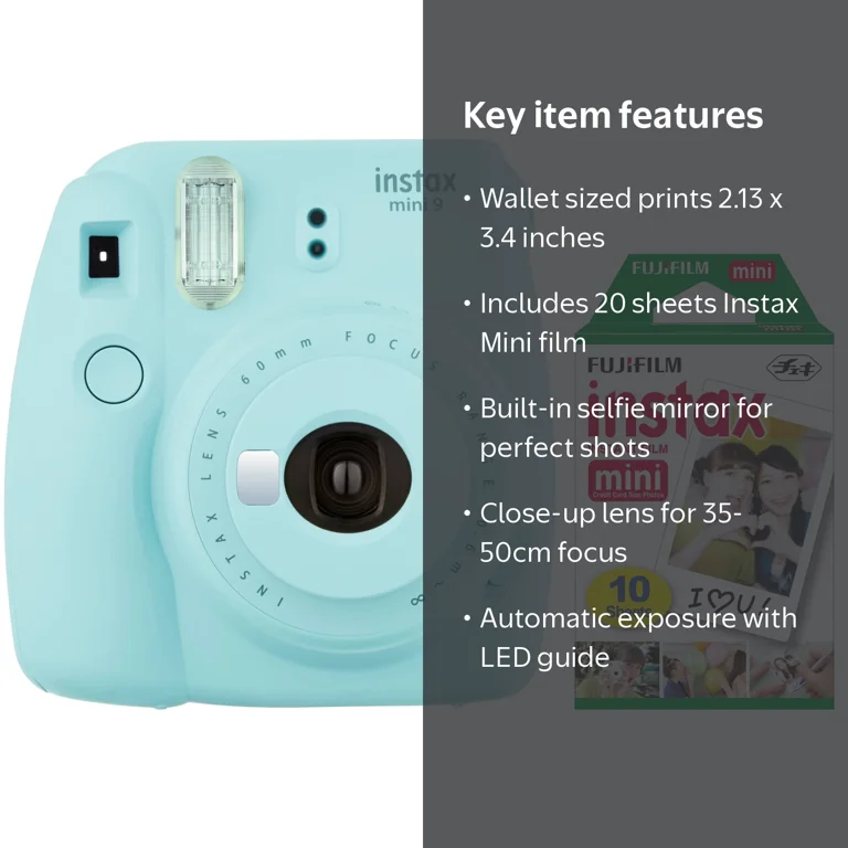 美品⭐︎FUJI FILM ハイブリッドインスタントカメラ instax mini Fujifilm Instax Mini 9 Camera (Ice Blue) with Macro Lens, Selfie