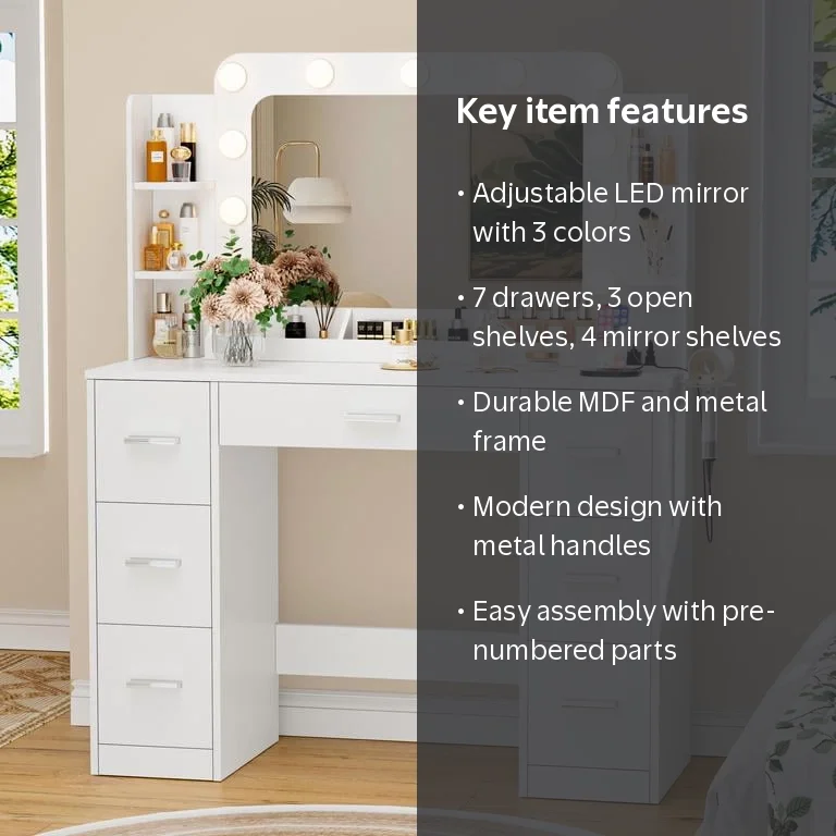white and grey dressing table Lacoo Vanity Desk with Mirror & Lights, Makeup Vanity Set with 7 Drawers & Shelves, Vanity for Bedroom, Wholesale SKU Project