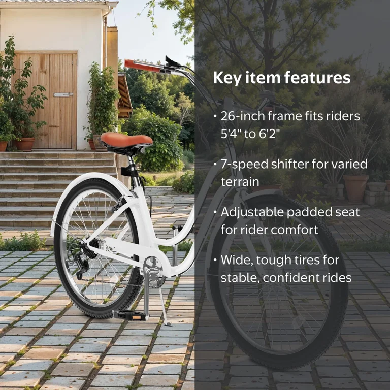 Uforic 26 Inch Beach Cruiser Bike with 7-Speed, Wide Tires