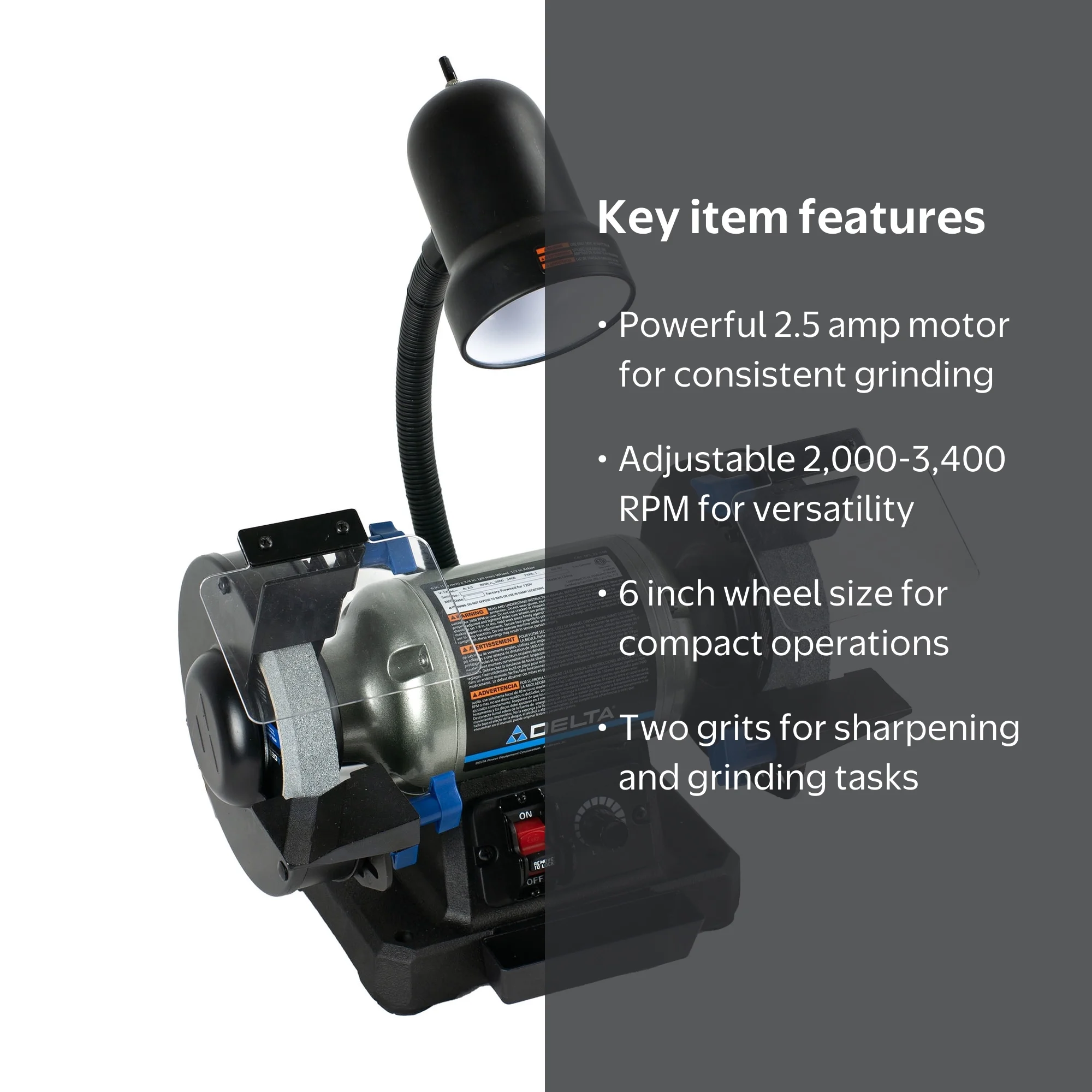 Delta, Variable Speed Grinder, 6 inch, Work Light, with 2 Grits