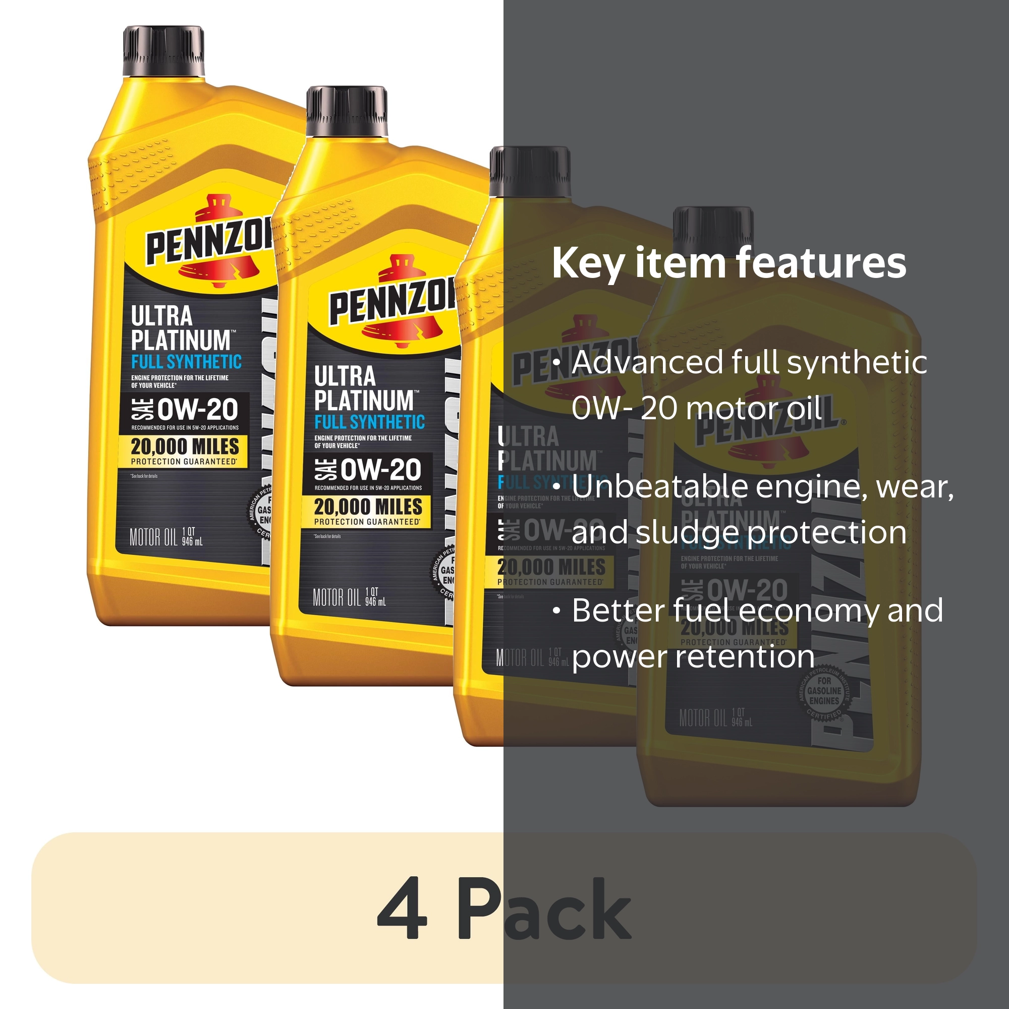 4 pack) Pennzoil Ultra Platinum Full Synthetic 0W-20 Motor Oil, 1