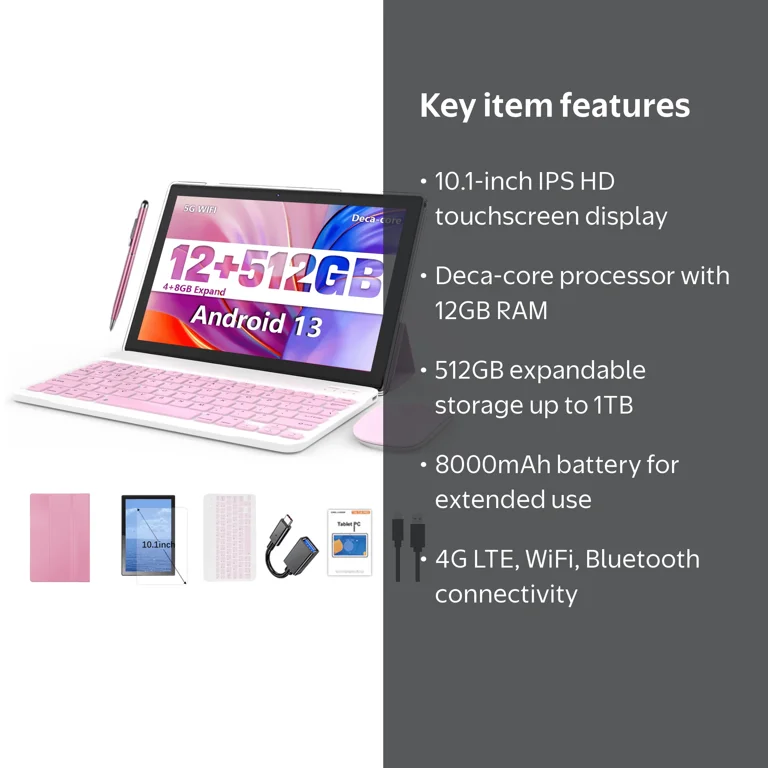CRELANDER 10.1” Android Tablet, 4G LTE SIM calling, 12GB+512GB
