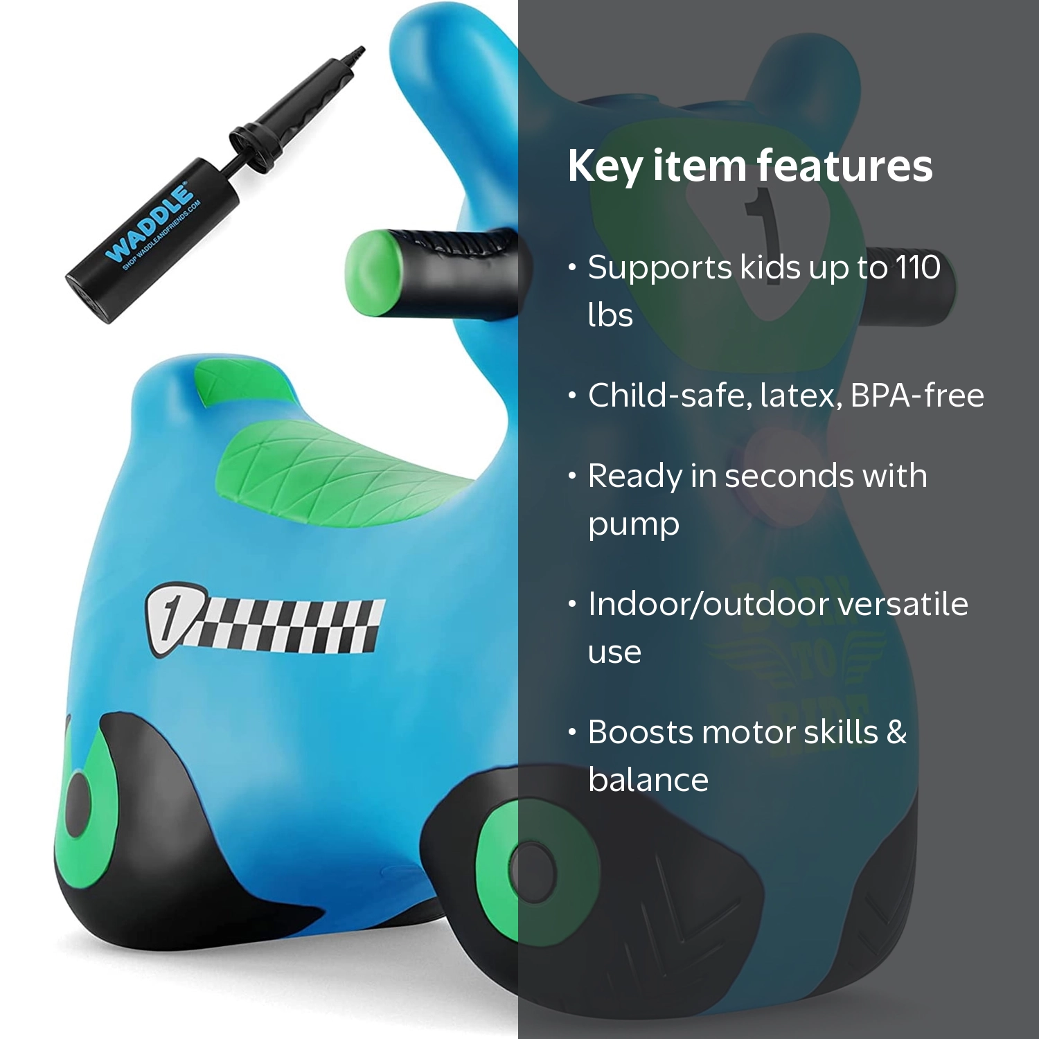 Waddle, Inflatable Hopper Animal, Blue Zoomer, for Kids 2+