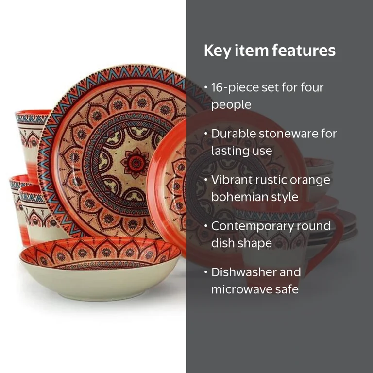 Elama Zen Rust Mozaik 16 Piece Round Stoneware Dinnerware Set
