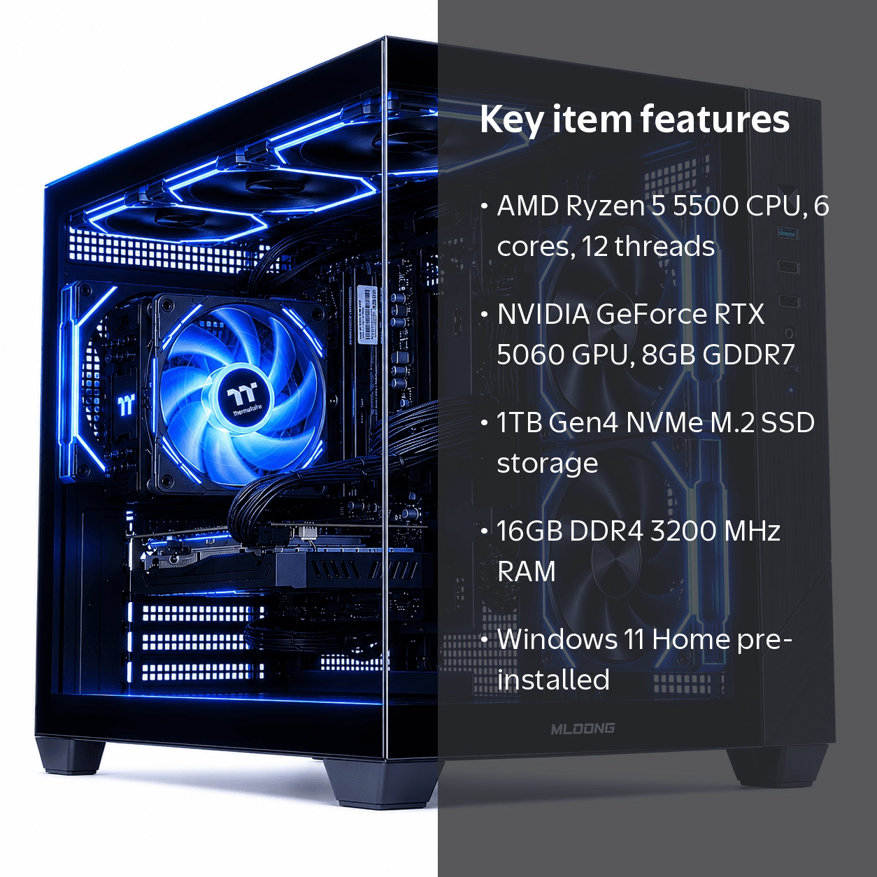 Mloong Gaming PC AMD Ryzen 5 5500, NVIDIA GeForce RTX 5060, 16GB