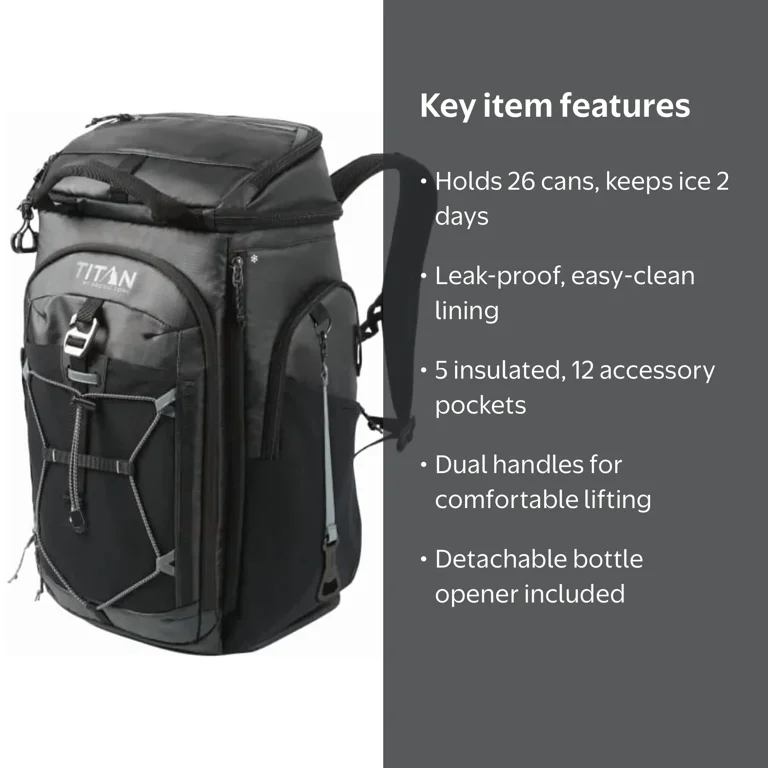 Backpack Cooler, 26 Cans Titan, Leak Proof Black with Insulated