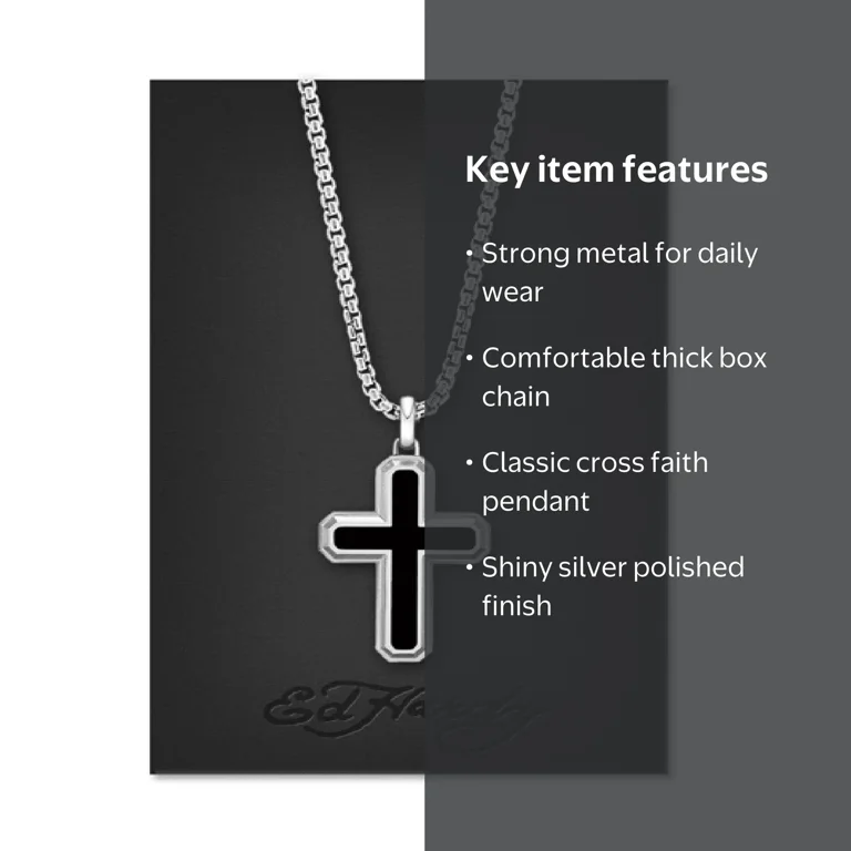 Ed Hardy Men's Shiny Silver Tone Metal Cross Pendant Necklace