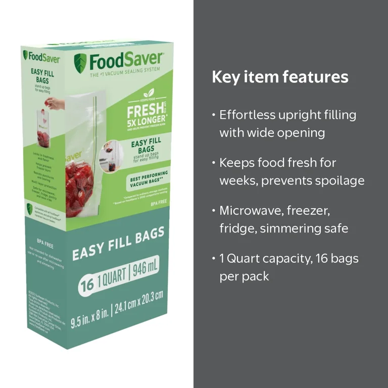 FoodSaver, Vacuum Seal Bags, Easy Fill, 1 Quart, 16 Count