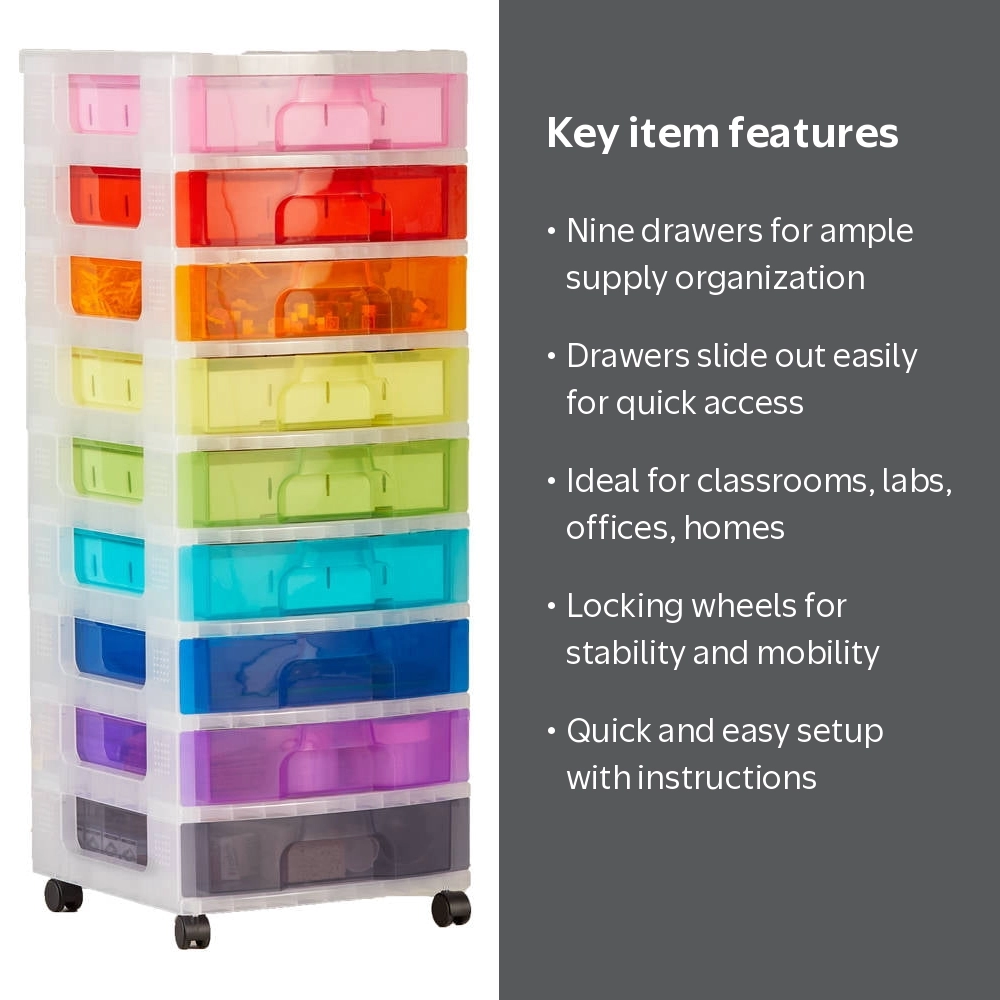 hand2mind Makerspace Classroom Cart, 9 Plastic Drawers, Rolling