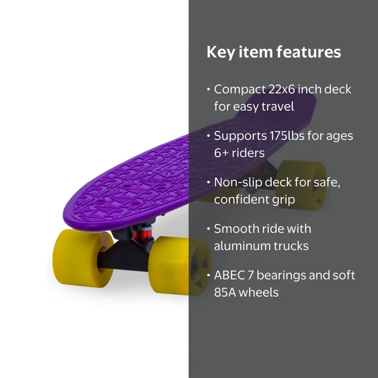Flybar 22 inch Plastic Cruiser Skateboard, Non-Slip Deck, for Boys