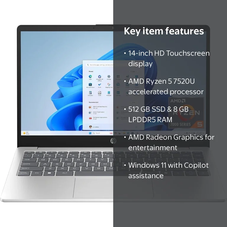 HP, 14 inch Laptop, Natural Silver, 512 GB SSD, HD Touchscreen