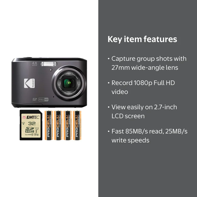 Kodak PIXPRO FZ45 Digital Camera (Black) Memory Card and Batteries